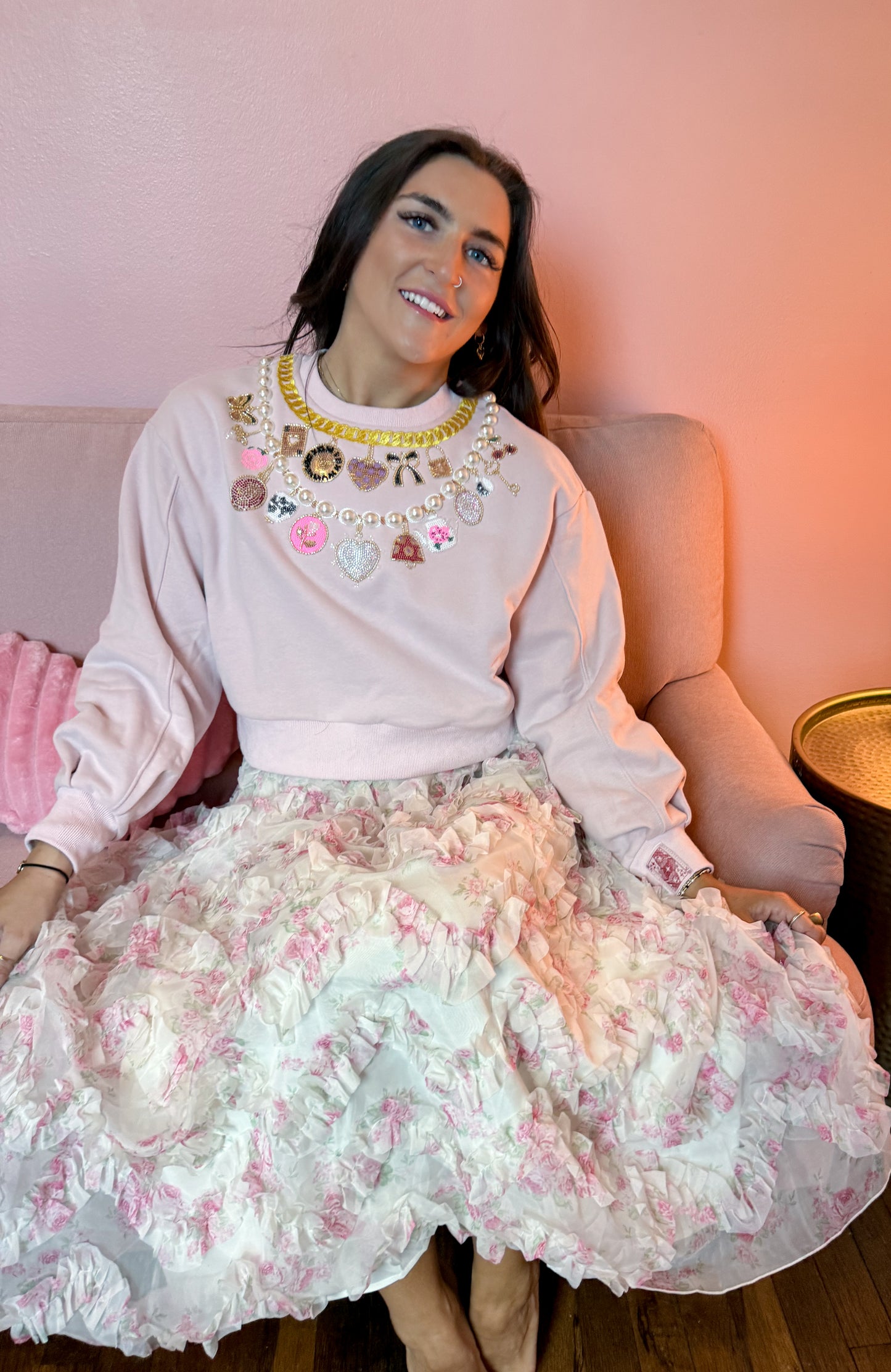 Pink Pearl & Chain VDay Charm Necklace Sweatshirt