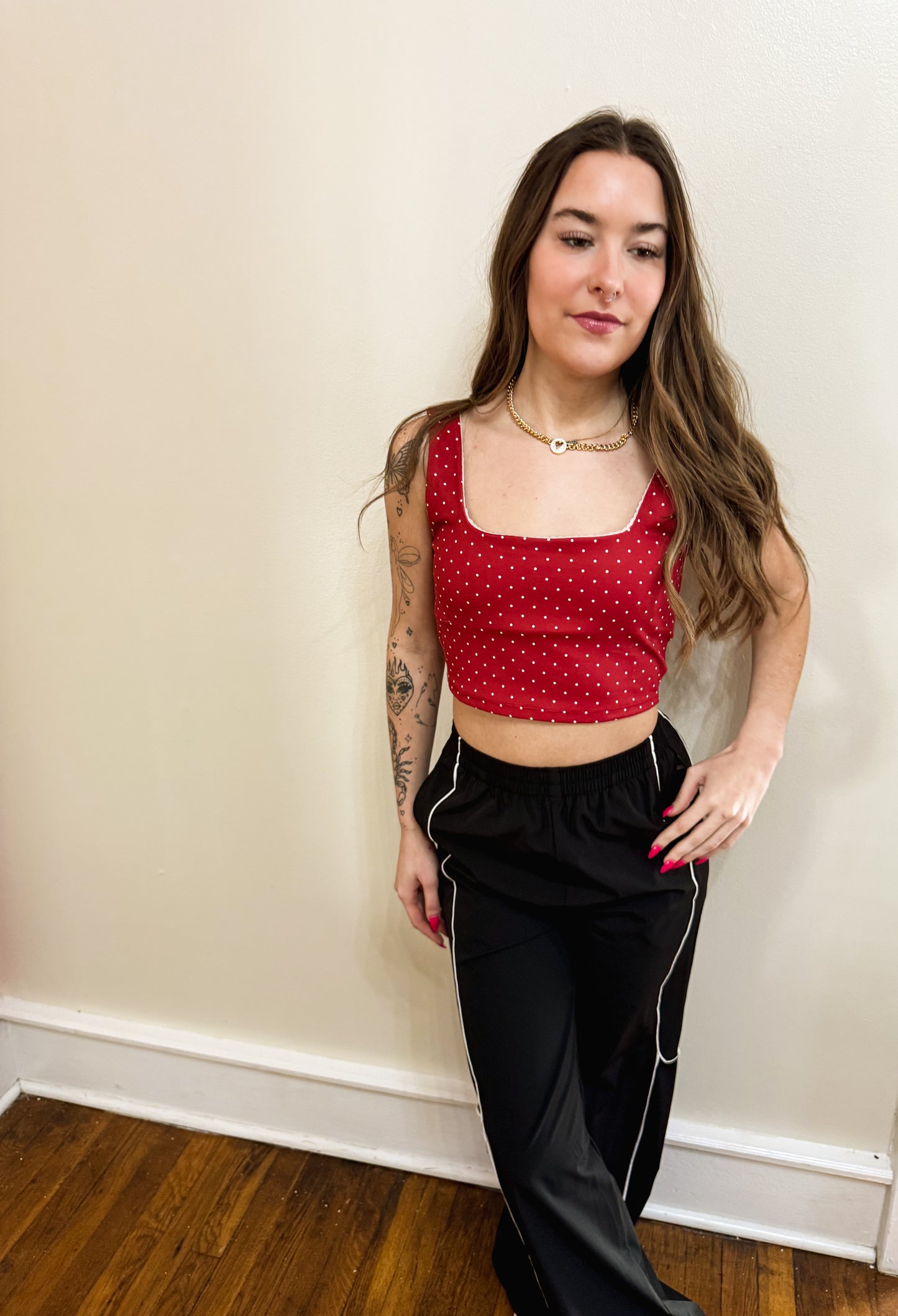 Polka Dot Print Crop Tank with Lace Trim