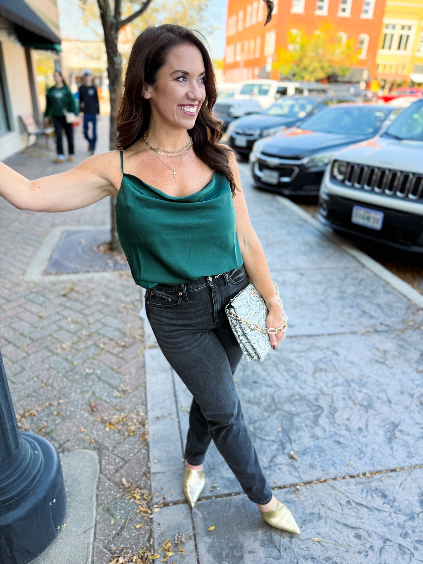 Emerald Nights Spaghetti Strap Cowl Neck Bodysuit