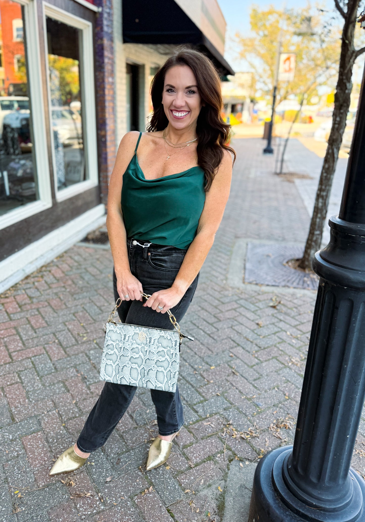 Emerald Nights Spaghetti Strap Cowl Neck Bodysuit