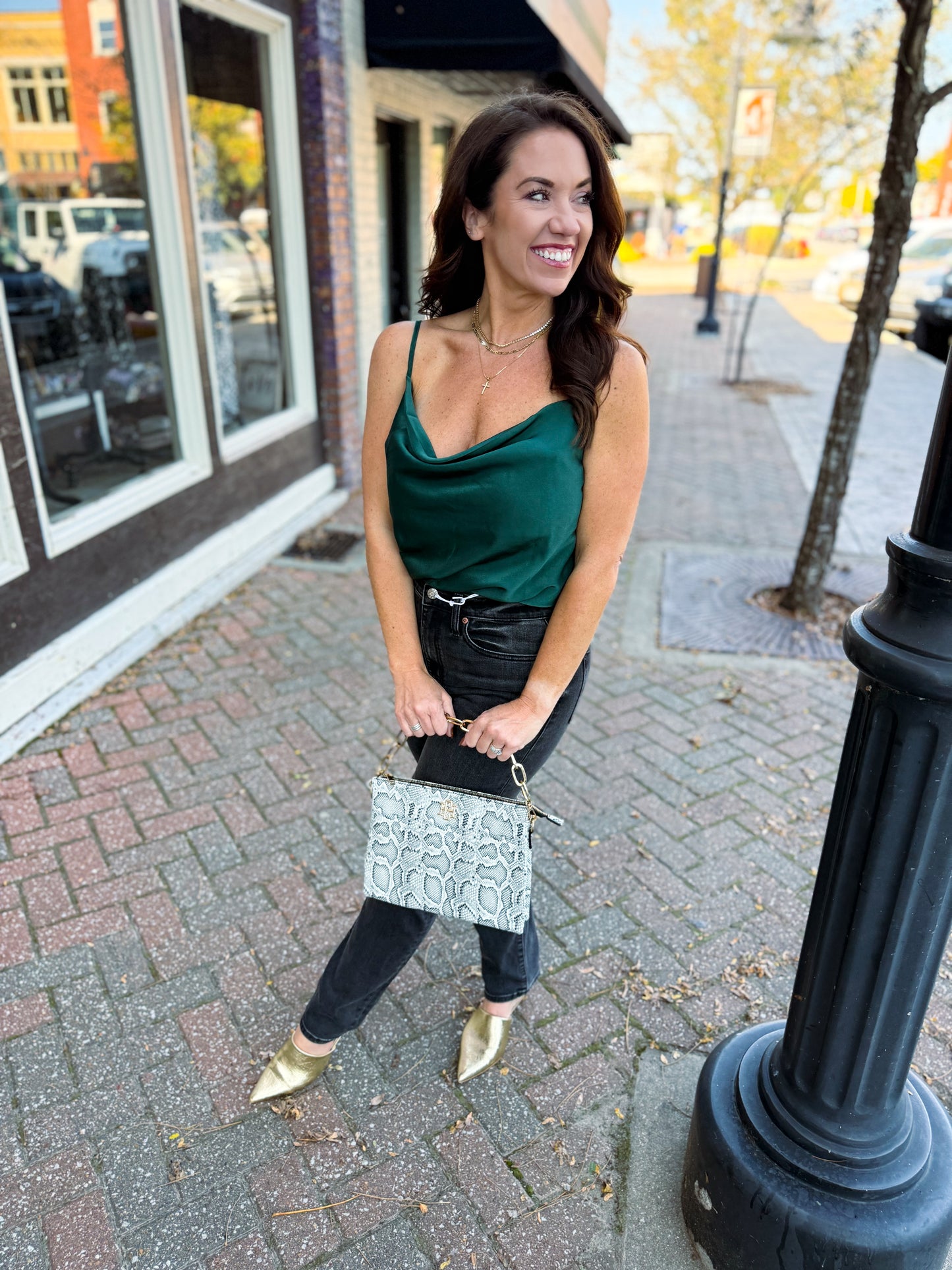 Emerald Nights Spaghetti Strap Cowl Neck Bodysuit