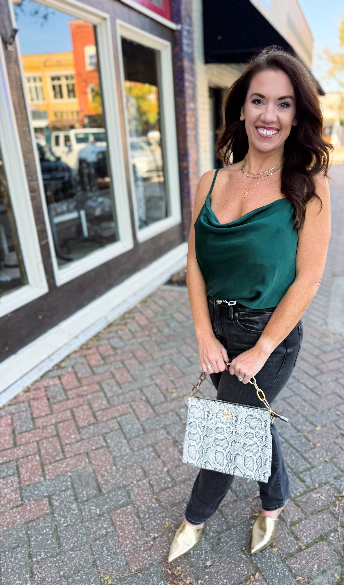 Emerald Nights Spaghetti Strap Cowl Neck Bodysuit