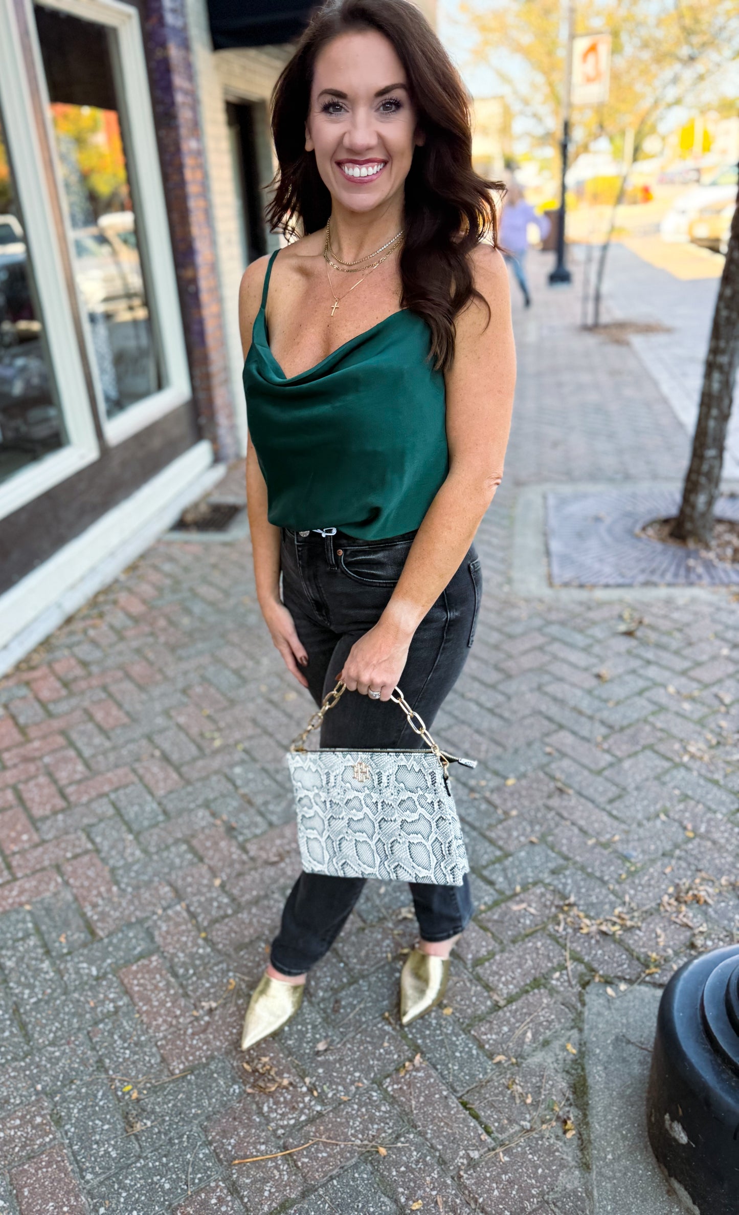 Emerald Nights Spaghetti Strap Cowl Neck Bodysuit