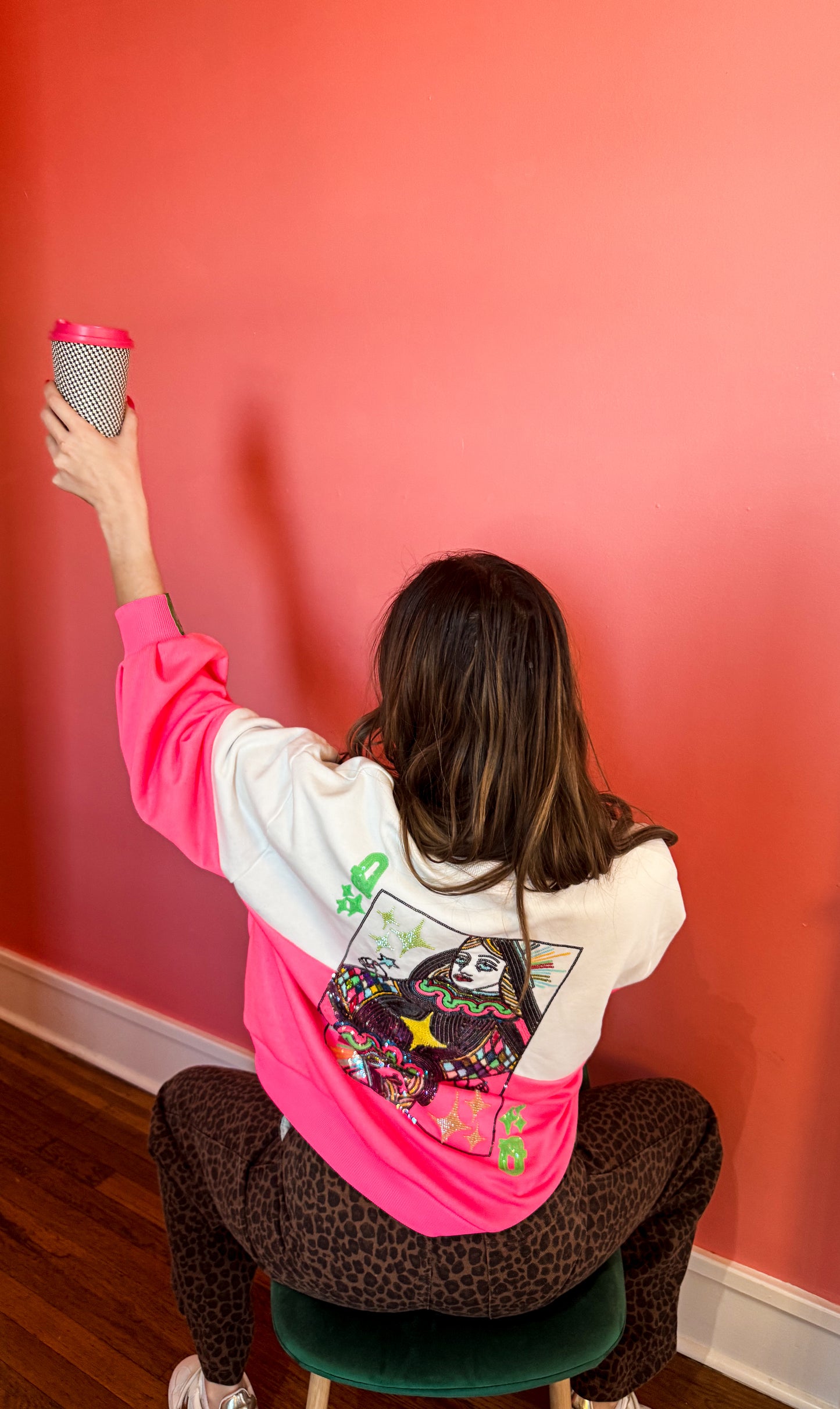 White & Neon Pink QOS Logo Sweatshirt