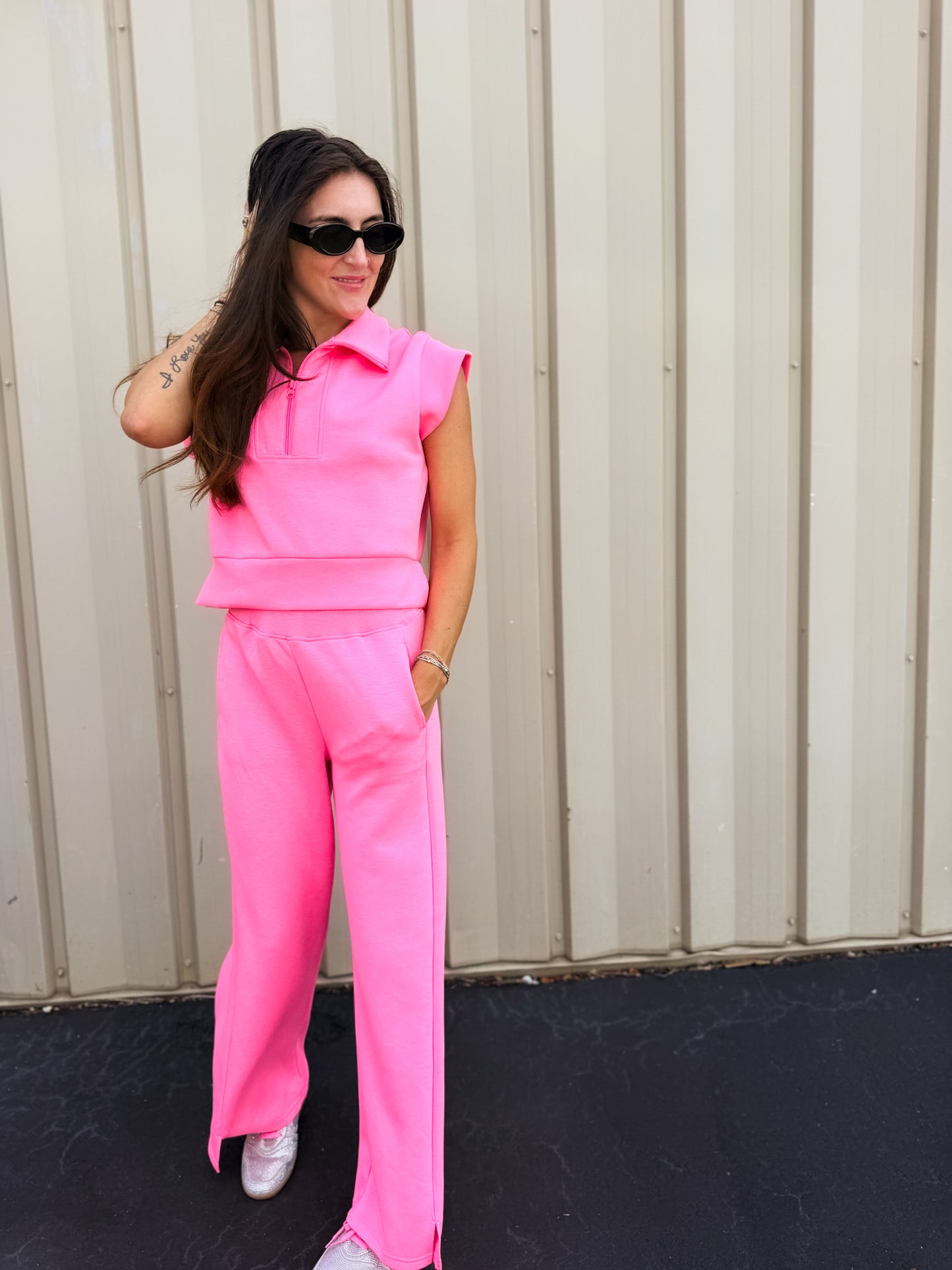 Neon Pink Cloud Fleece Short Sleeve Pullover