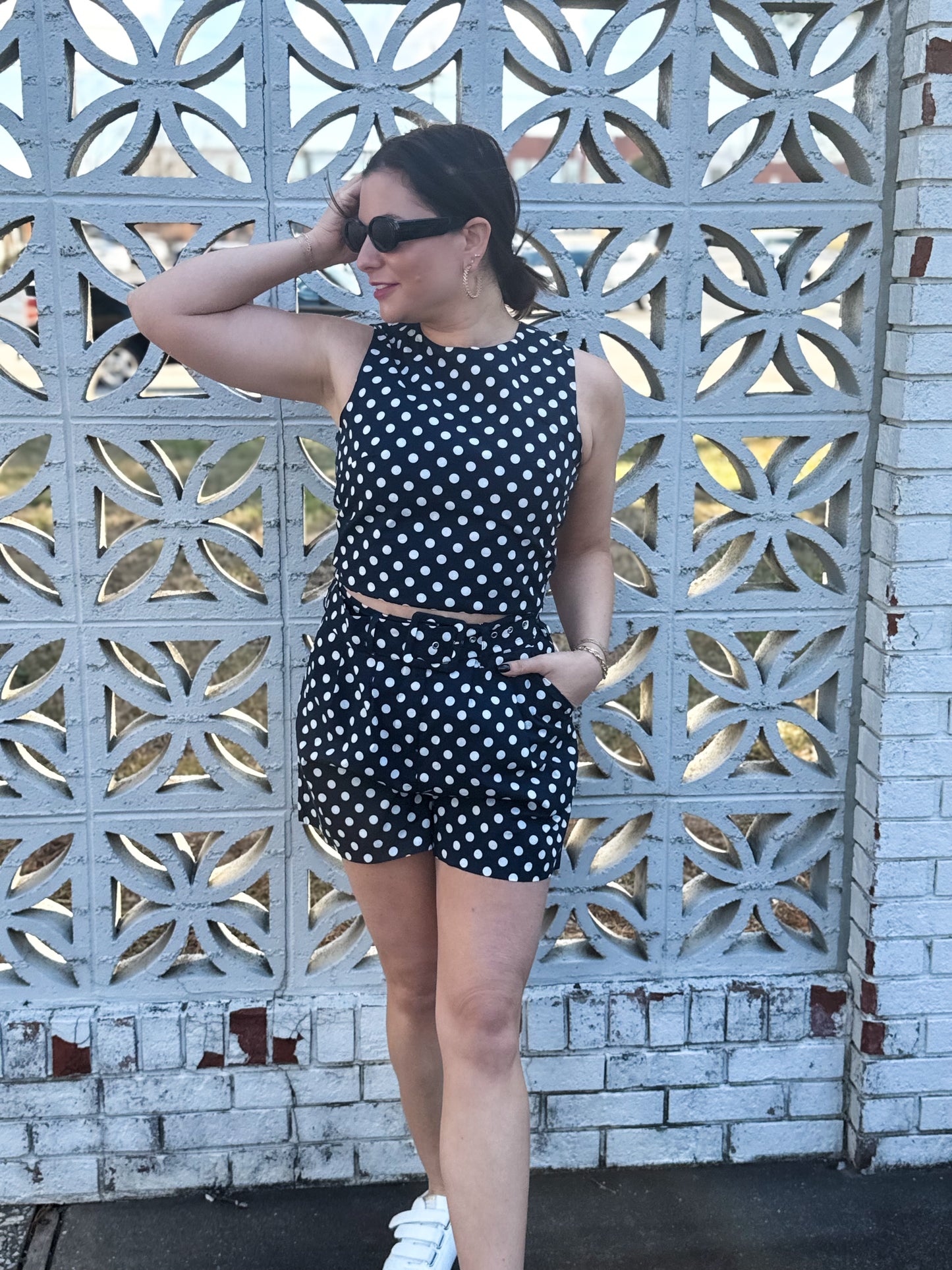 Colleen Navy Polka Dot Classic Belted Shorts