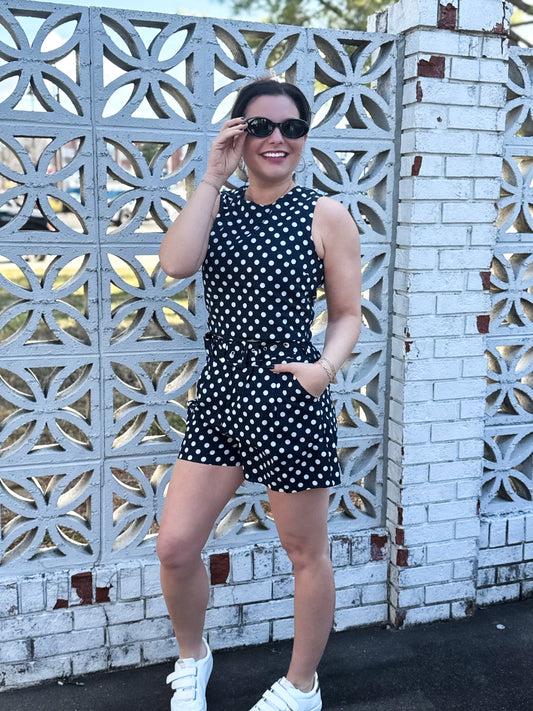 Colleen Navy Polka Dot Classic Belted Shorts