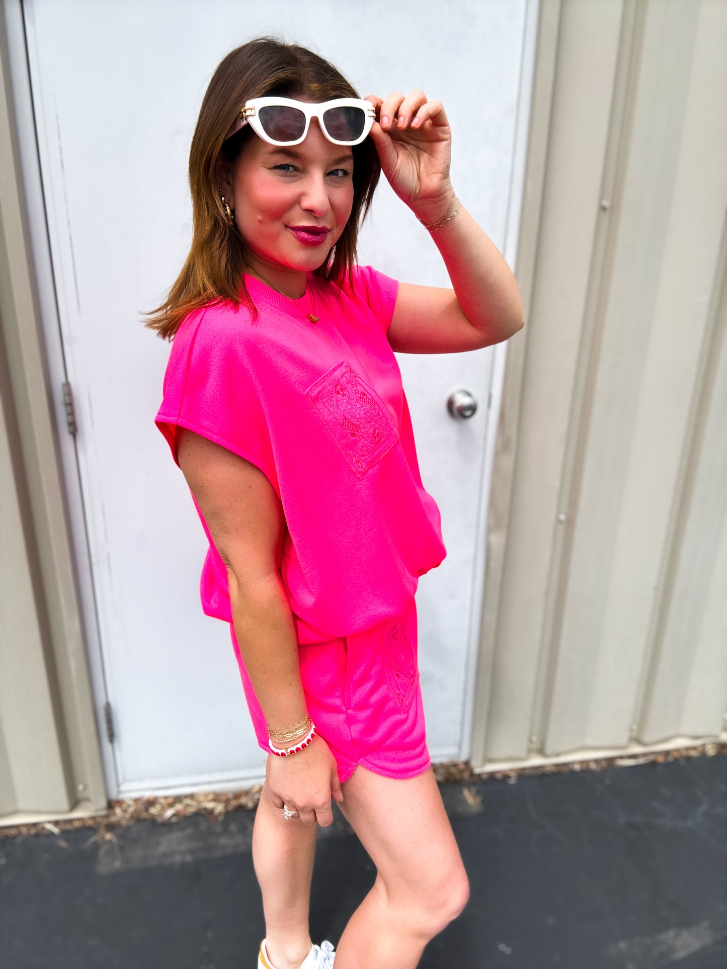 Neon Pink QOS Card Logo Drawstring Tank