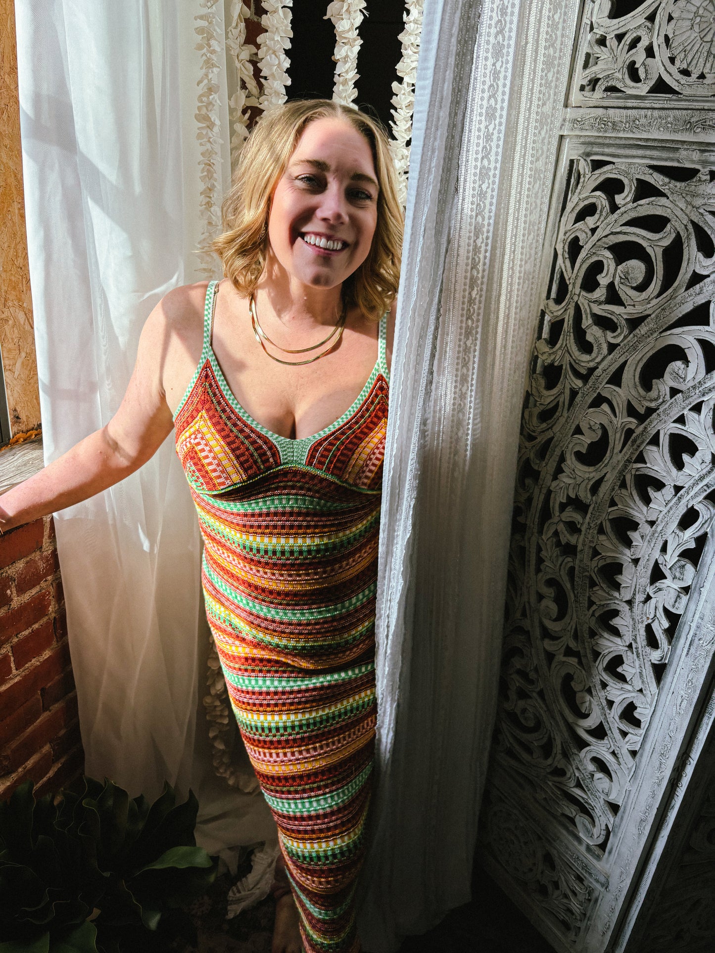 Sandy Striped Knit V-neck Halter Crochet Midi Dress