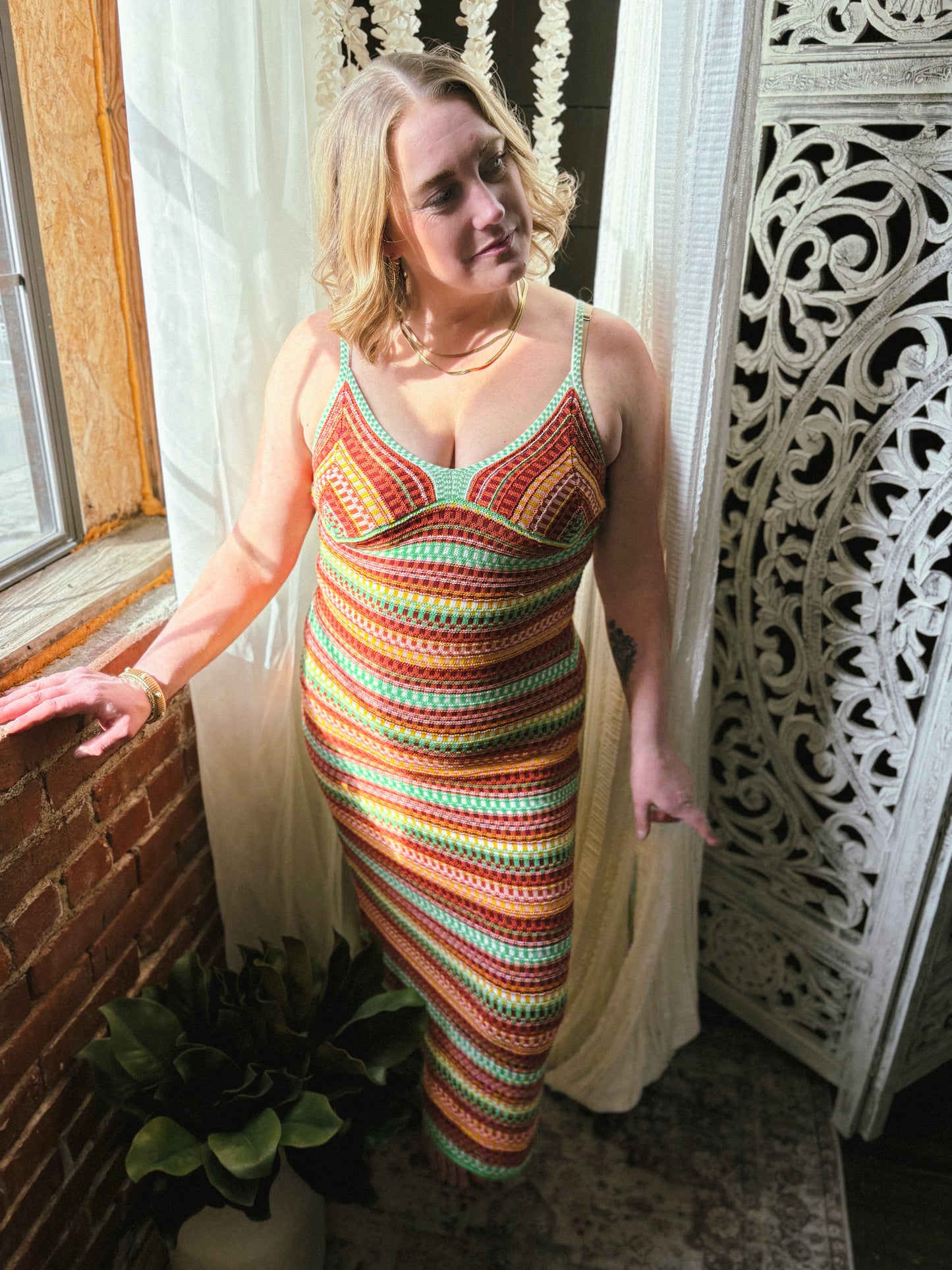 Sandy Striped Knit V-neck Halter Crochet Midi Dress