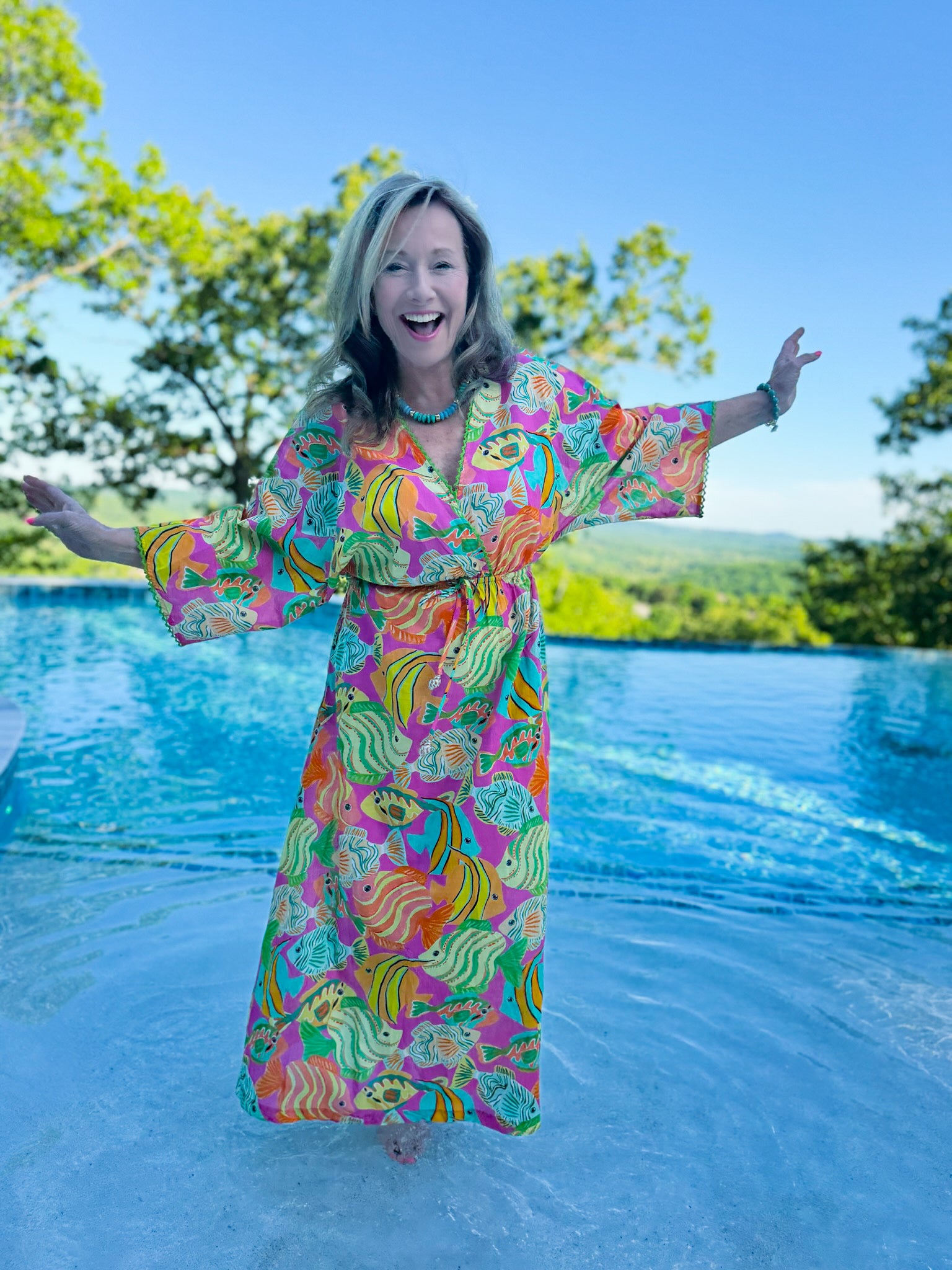 Paradisa Cabana Pink Multi Cotton Fish Print Caftan Dress Large
