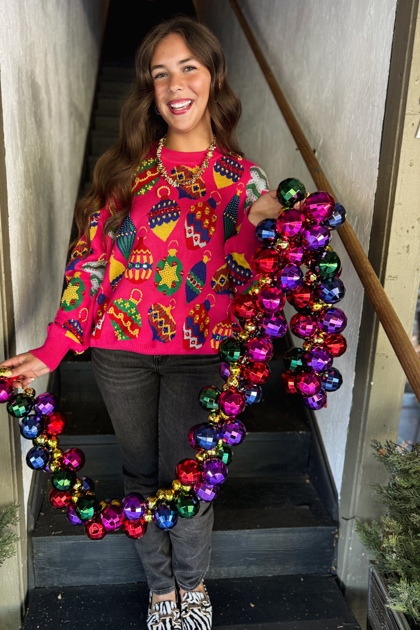 Pink Multi Jeweled Ornament Sweater