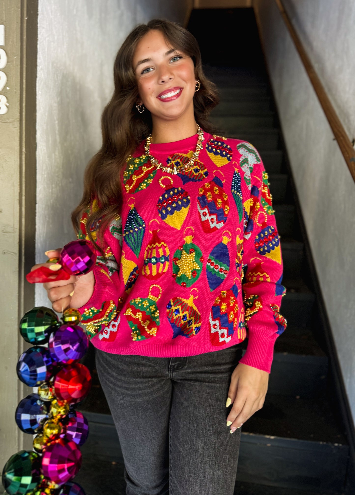 Pink Multi Jeweled Ornament Sweater