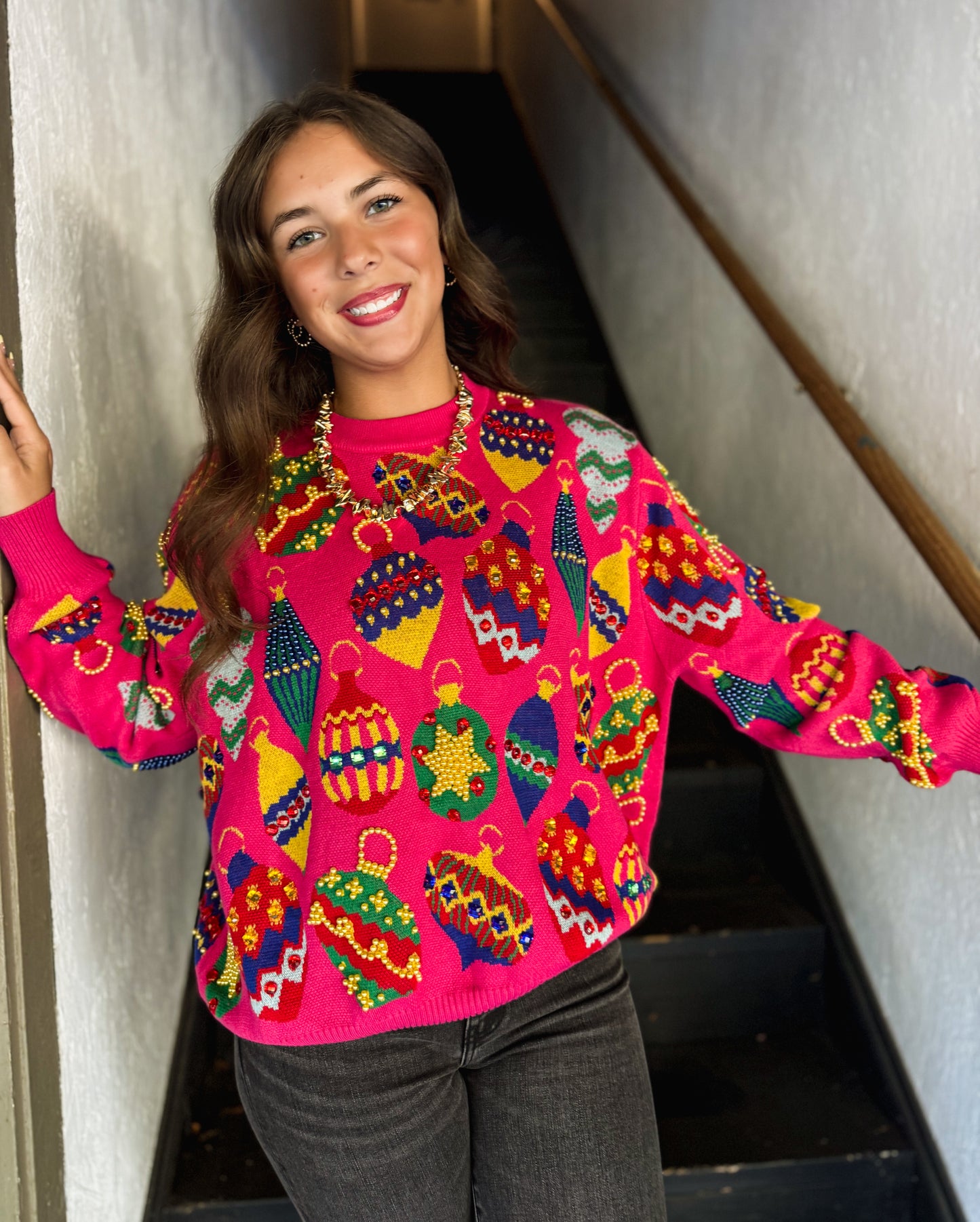 Pink Multi Jeweled Ornament Sweater