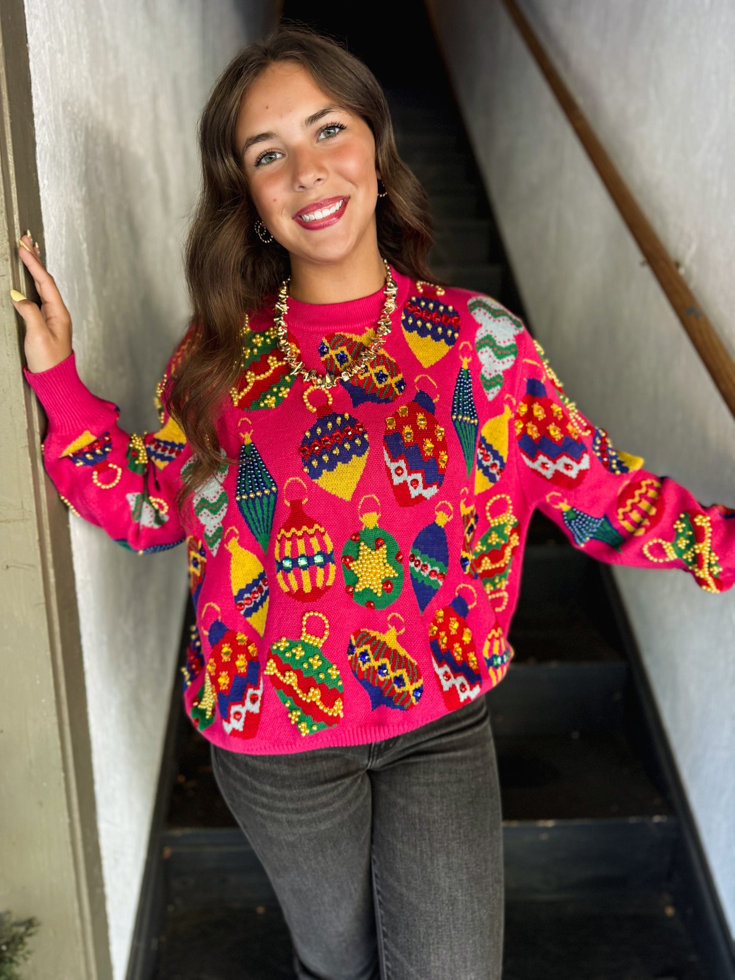 Pink Multi Jeweled Ornament Sweater