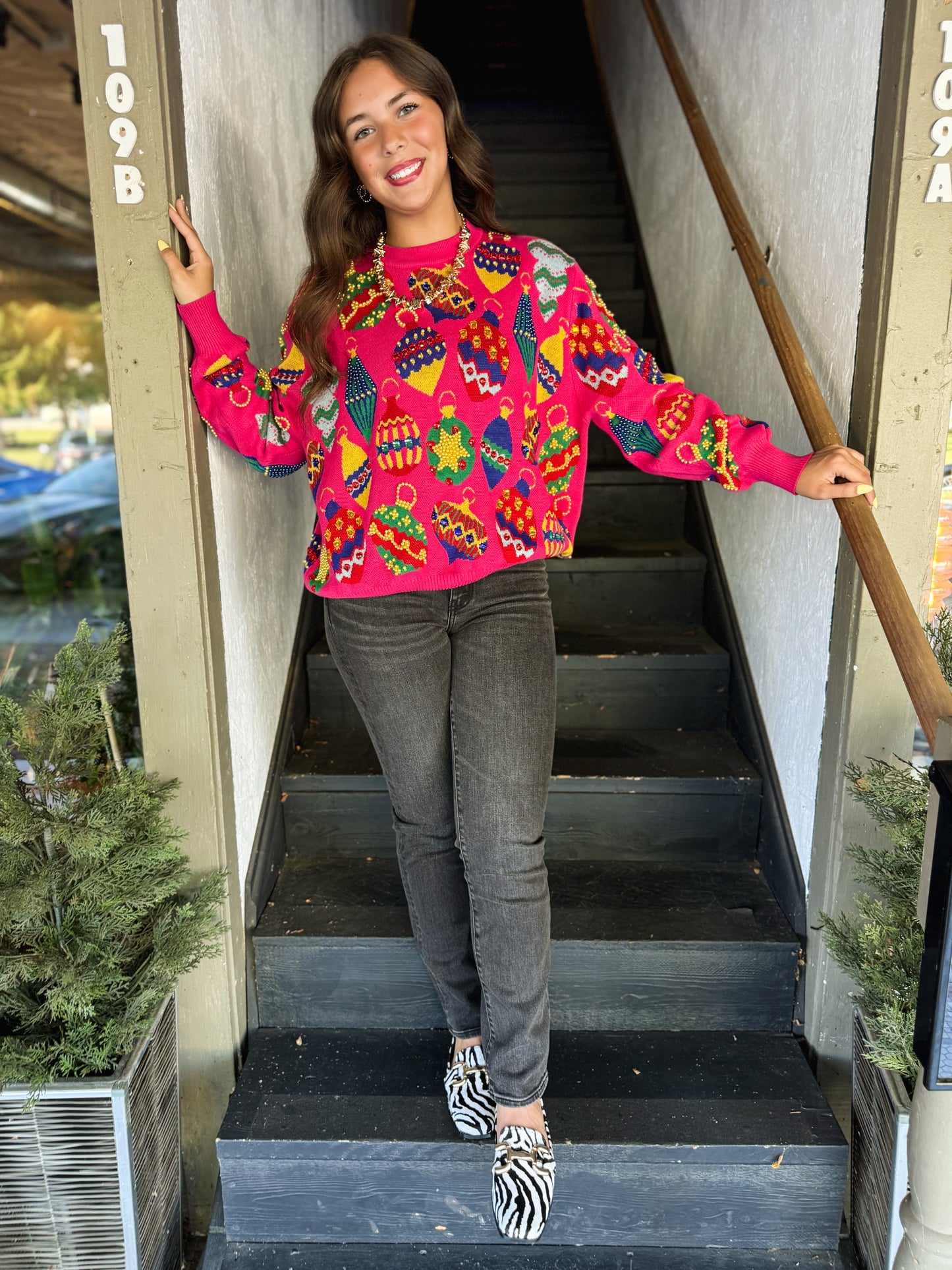 Pink Multi Jeweled Ornament Sweater