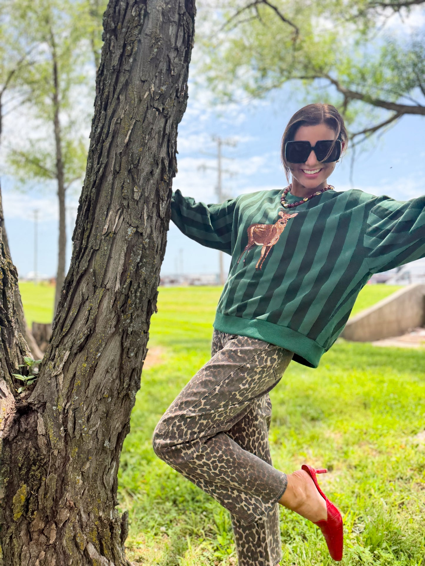 Green Striped Deer Sweatshirt