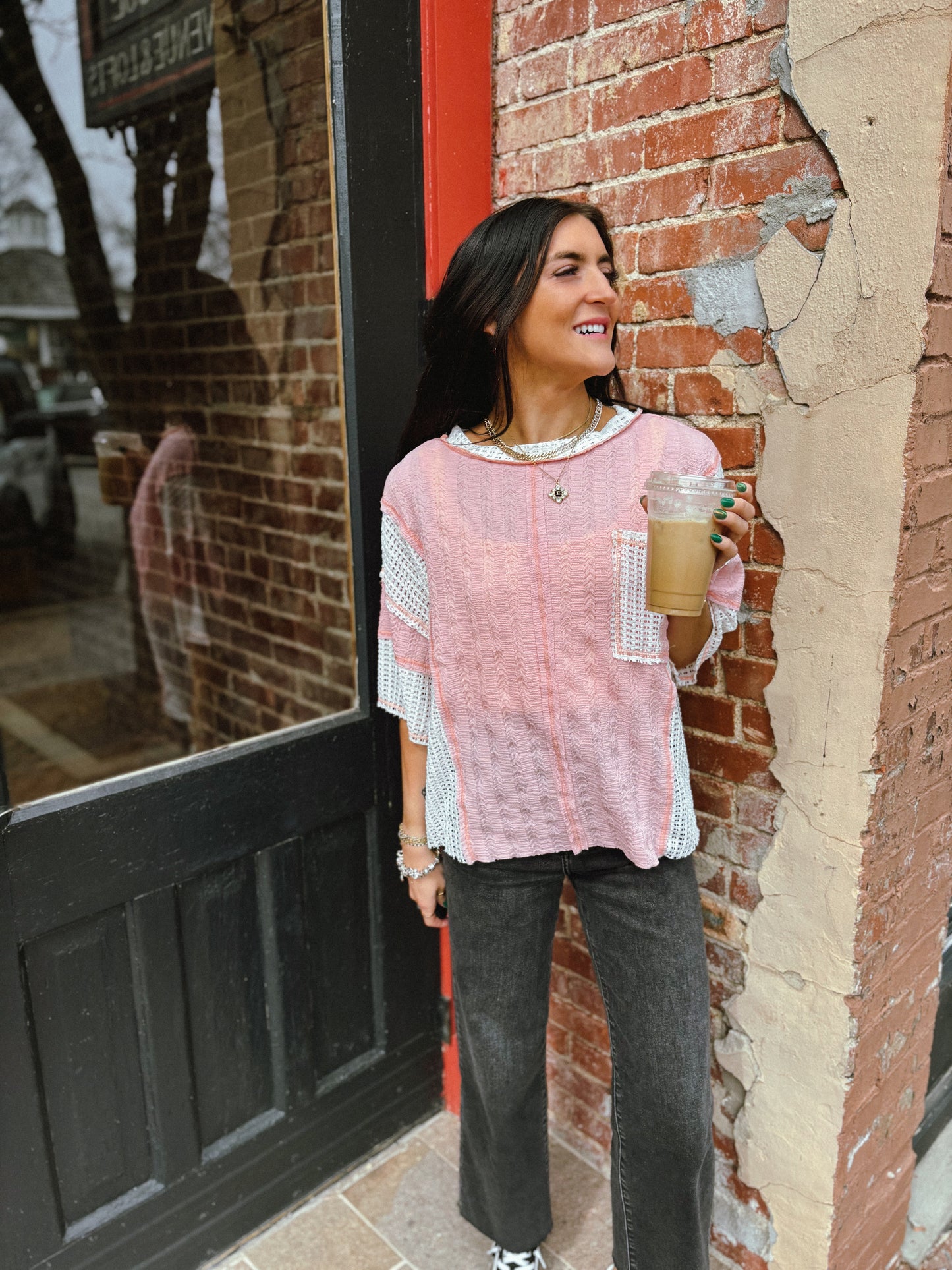 Cindy Pink & Cream Pocket Tee