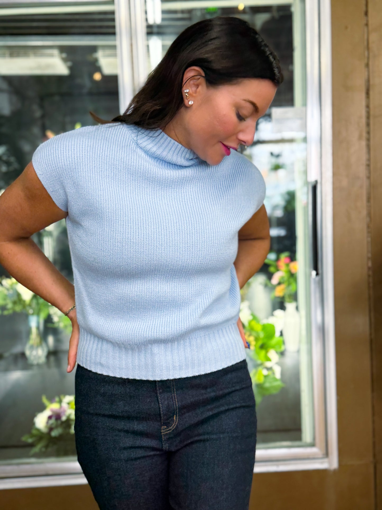 Blue Mockneck Knit Sweater