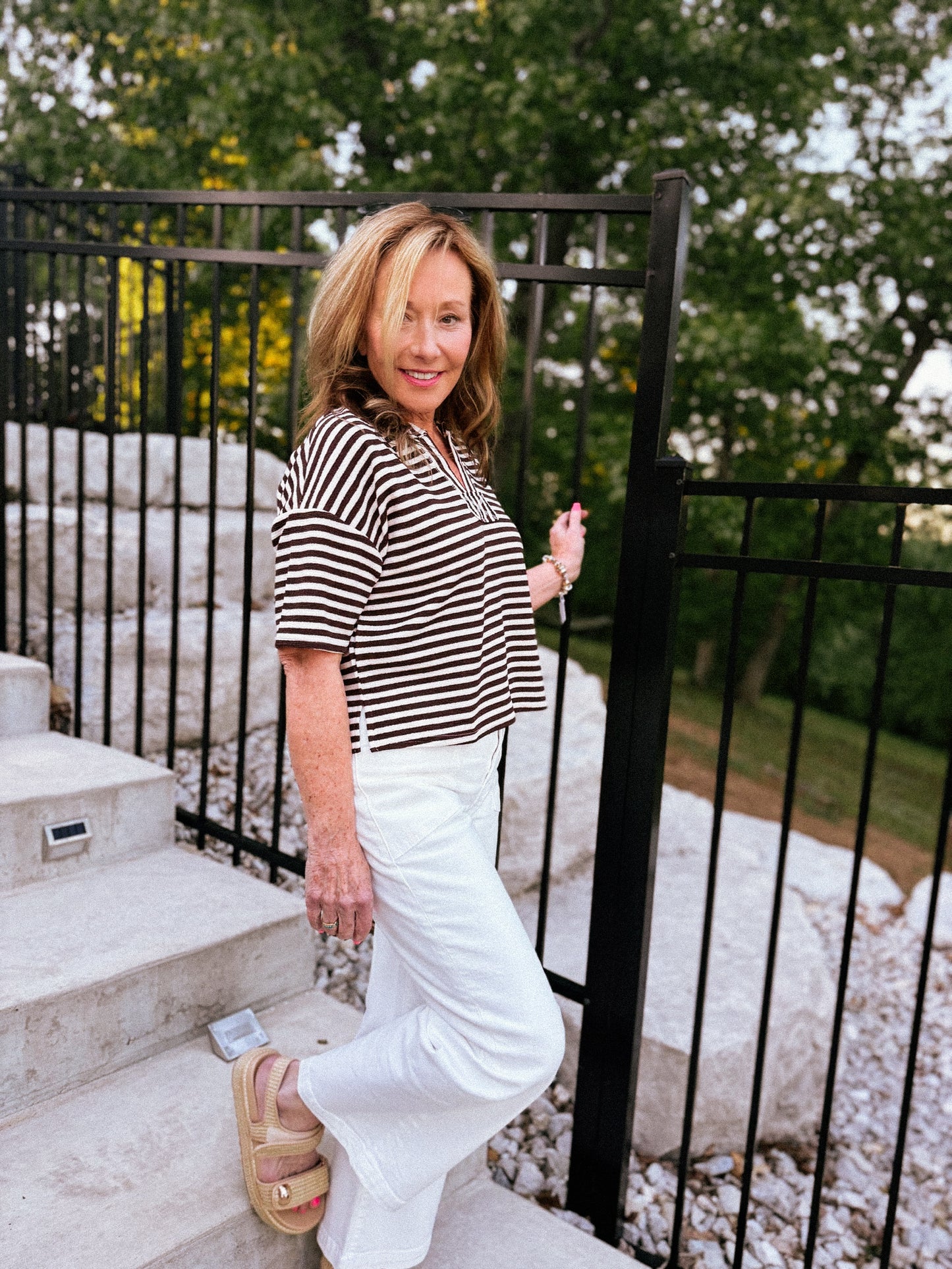 Brown Stripe Short Sleeve Boxy Knit Tee