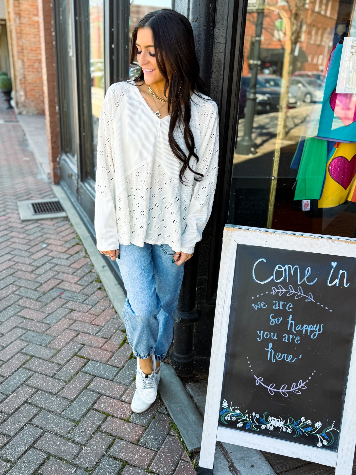 Poppy Long Sleeve V-Neck Eyelet Top