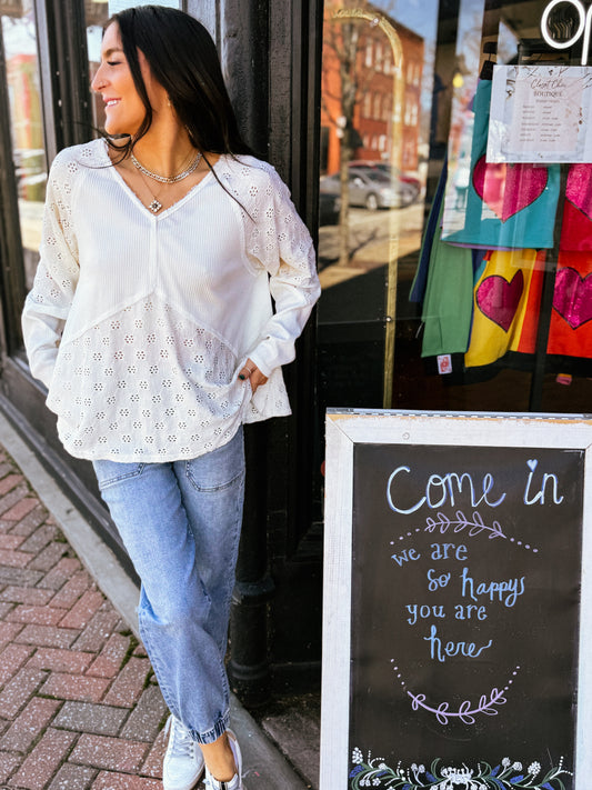 Poppy Long Sleeve V-Neck Eyelet Top