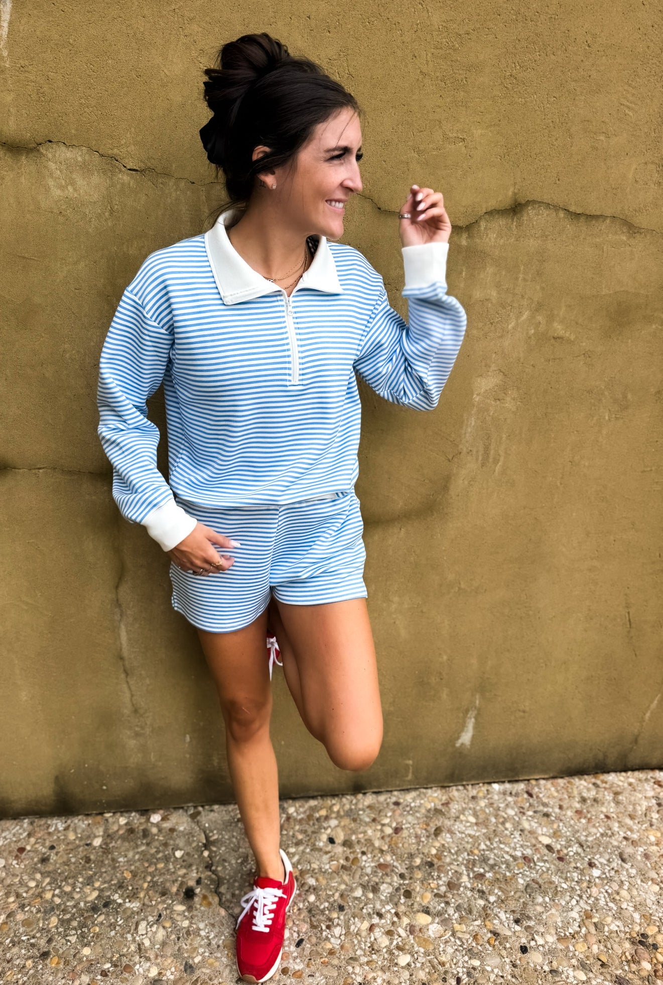 Salty Blue Striped Cloud Fleece Quarter Zip