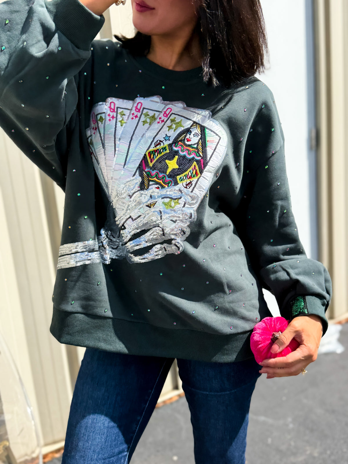 Charcoal Skeleton Holding Queen Cards Rhinestone Sweatshirt