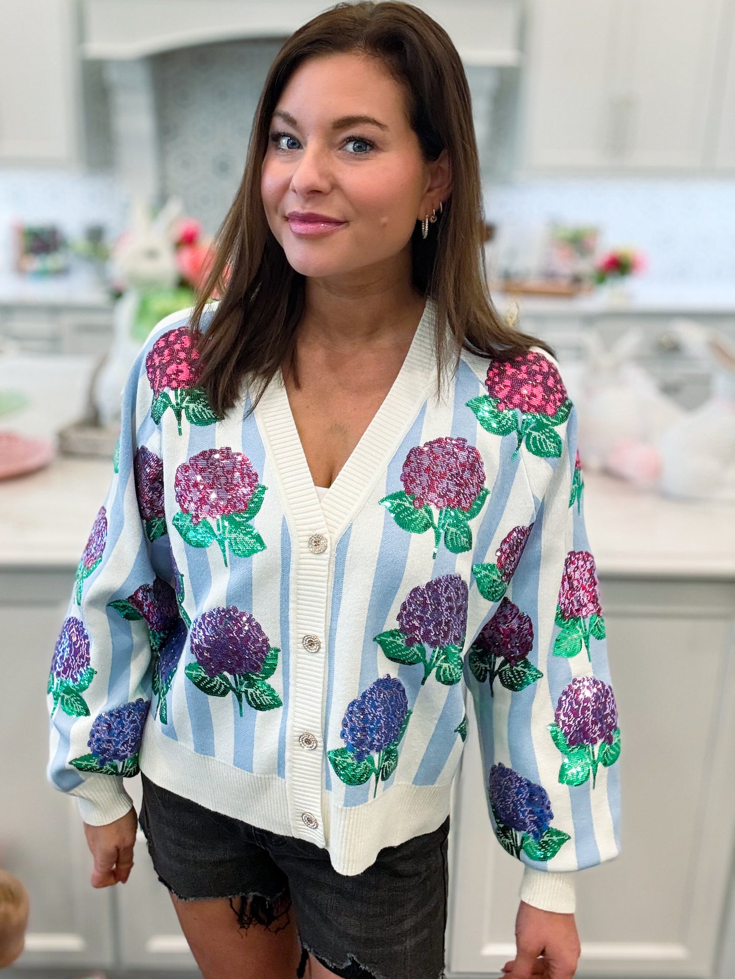 Blue & White Striped Hibiscus Cardigan