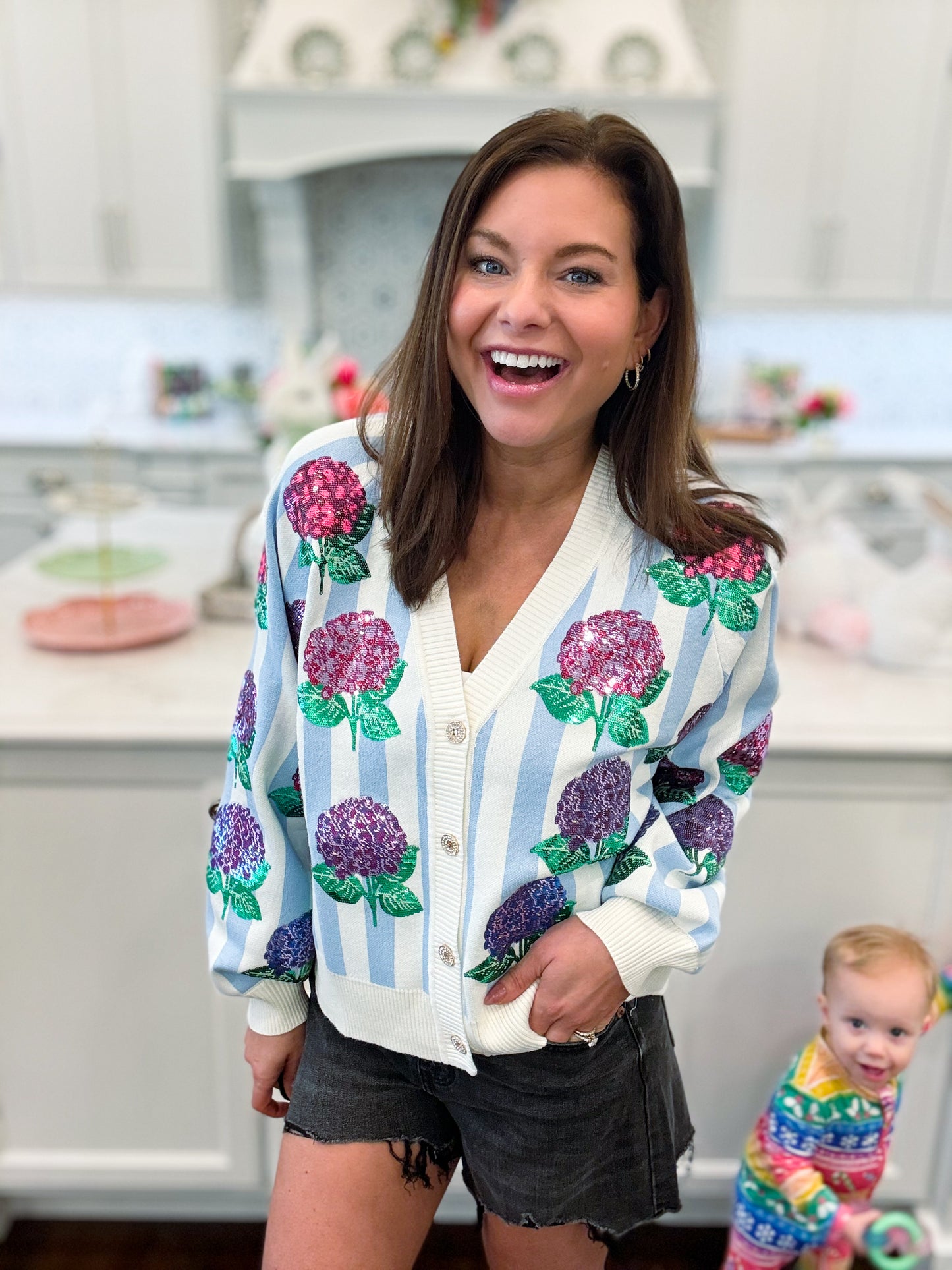 Blue & White Striped Hibiscus Cardigan