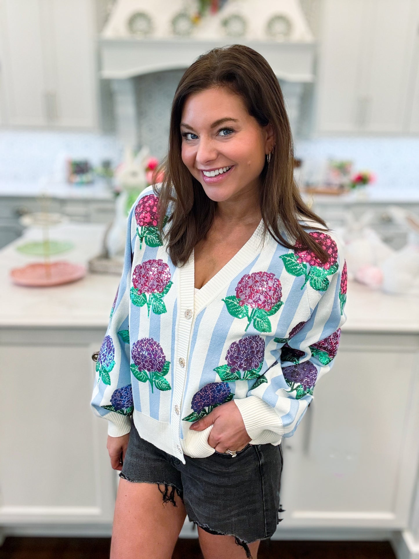 Blue & White Striped Hibiscus Cardigan
