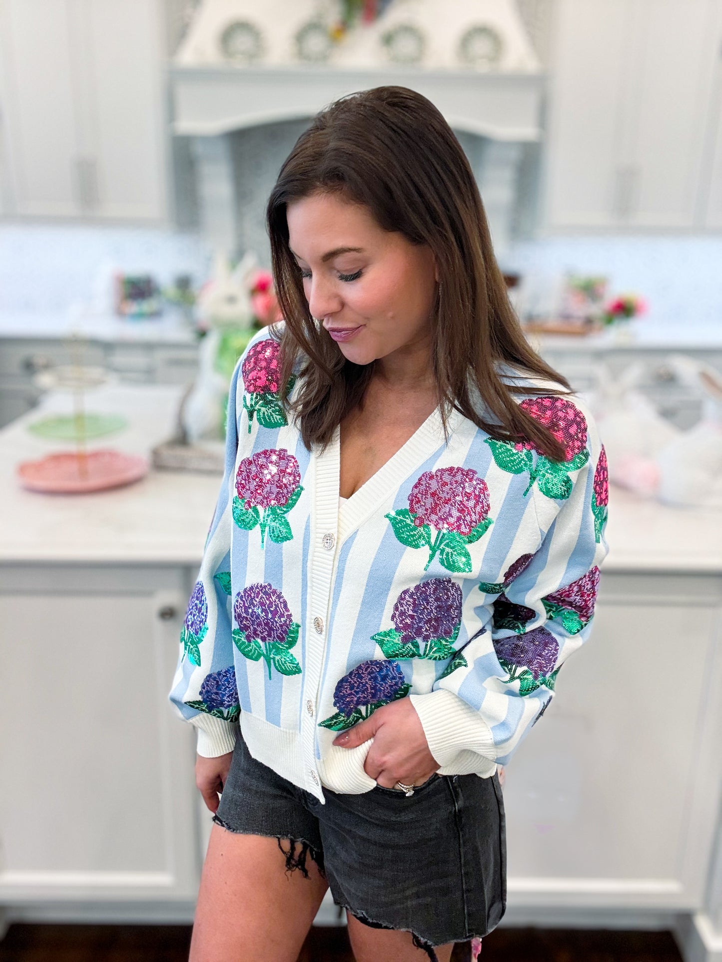 Blue & White Striped Hibiscus Cardigan