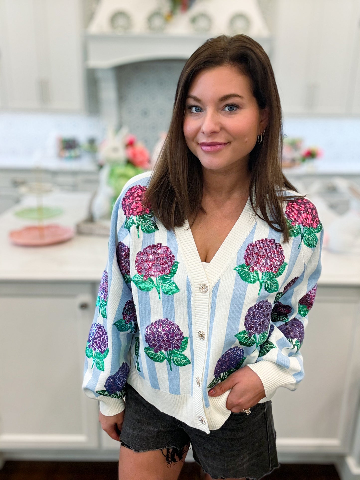 Blue & White Striped Hibiscus Cardigan