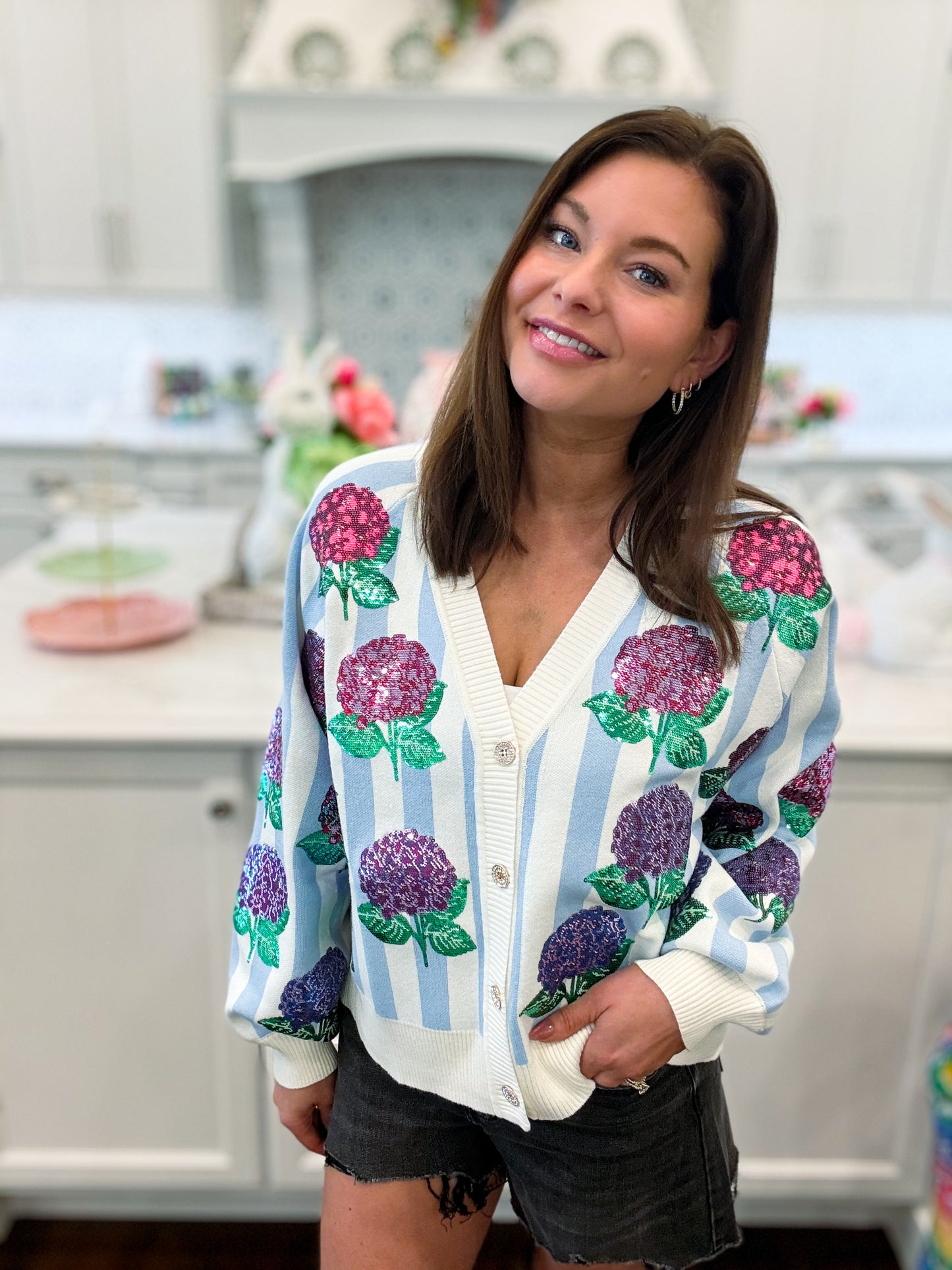 Blue & White Striped Hibiscus Cardigan