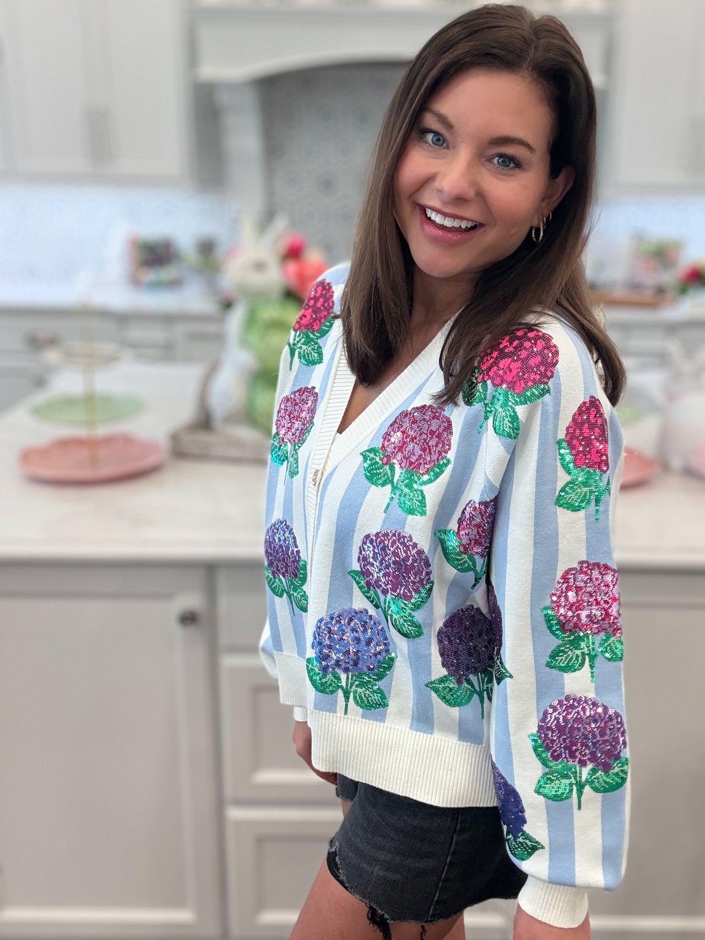 Blue & White Striped Hibiscus Cardigan