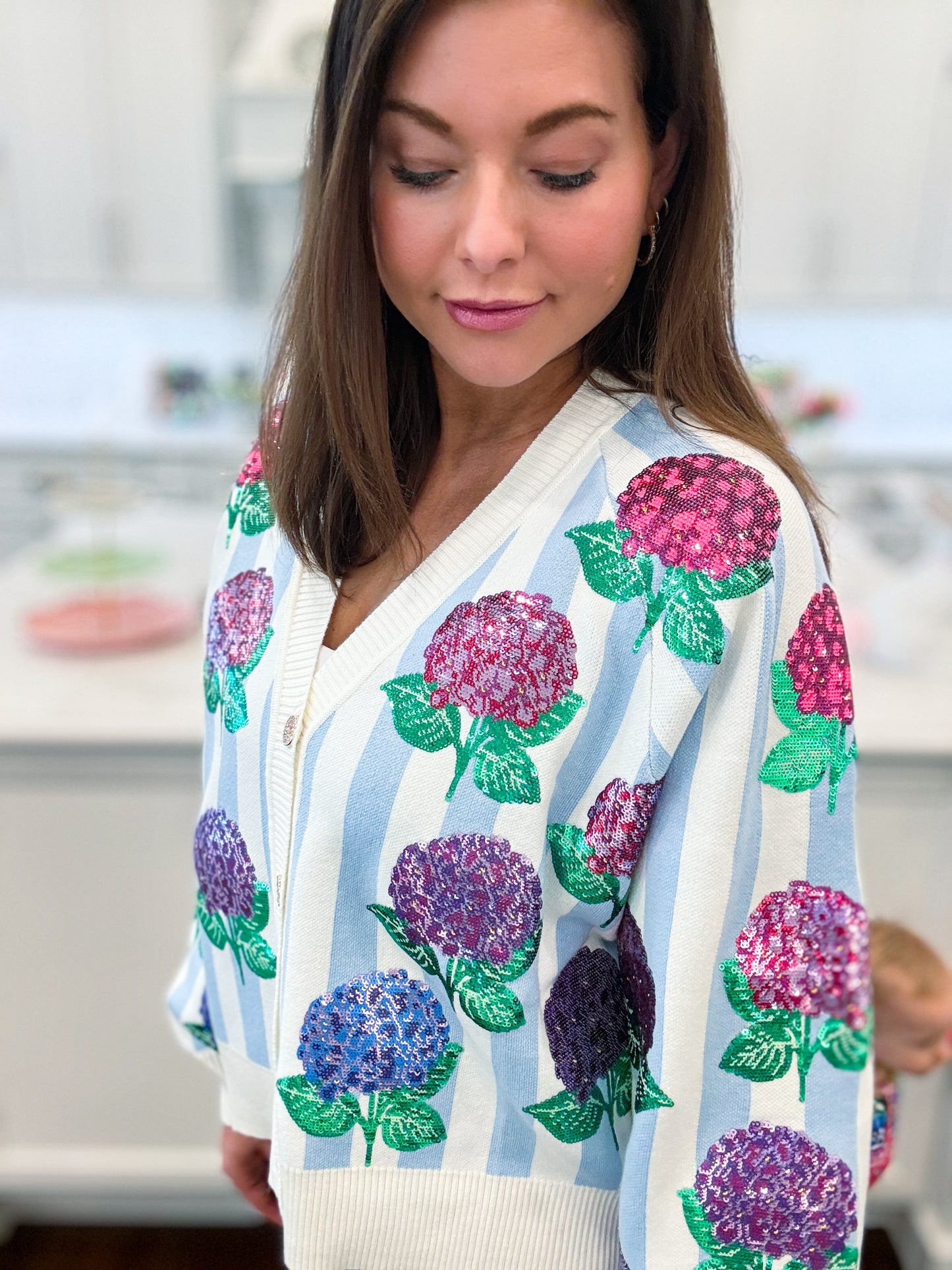 Blue & White Striped Hibiscus Cardigan
