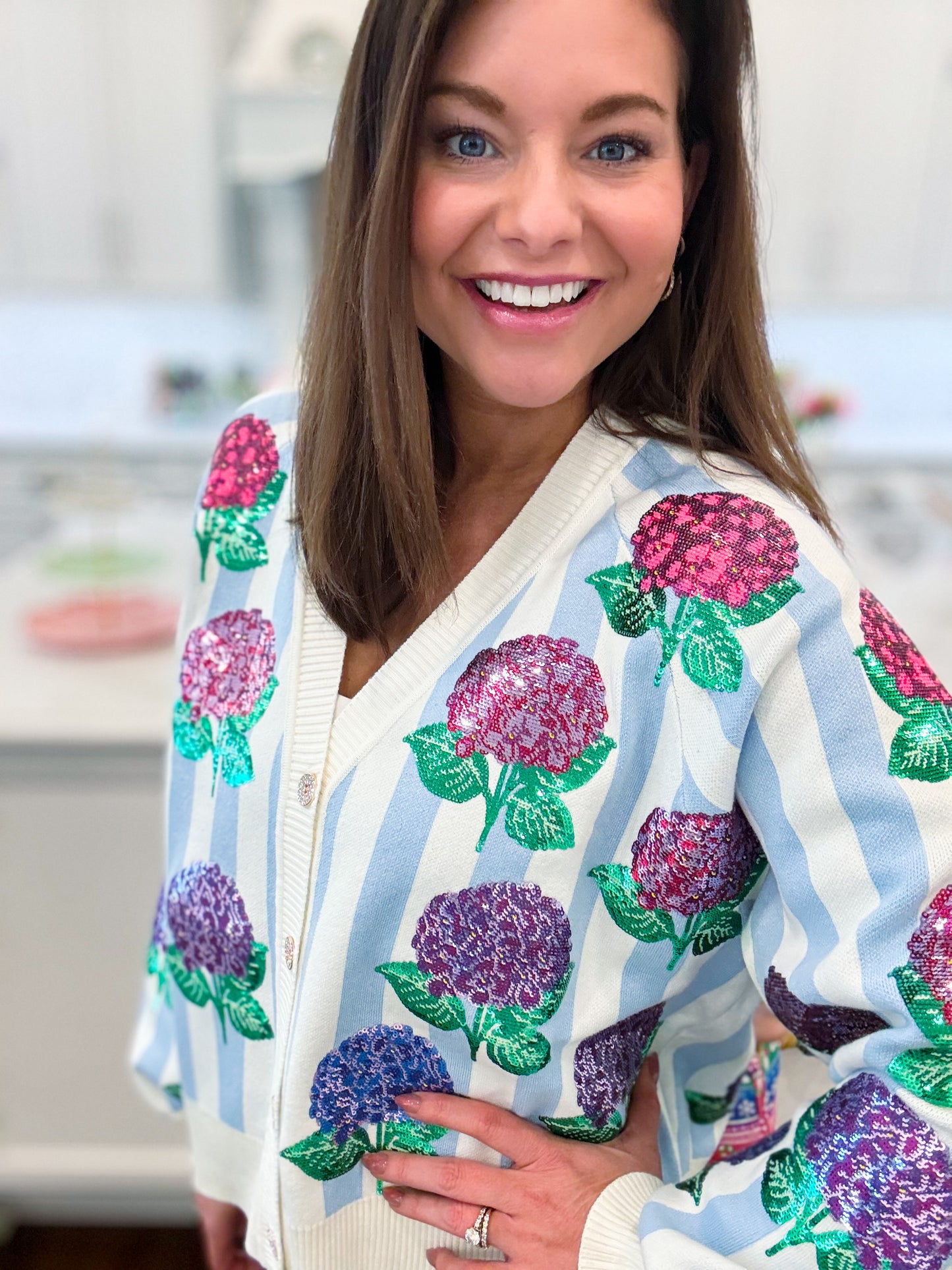 Blue & White Striped Hibiscus Cardigan