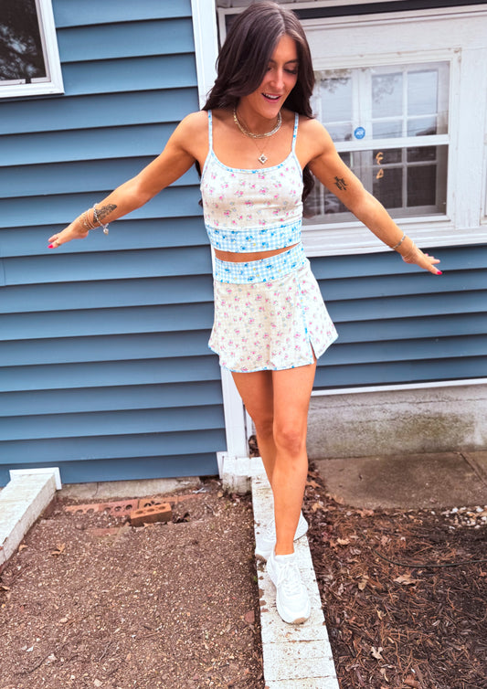 Gingham Floral Print Patchwork Sporty Crop Top