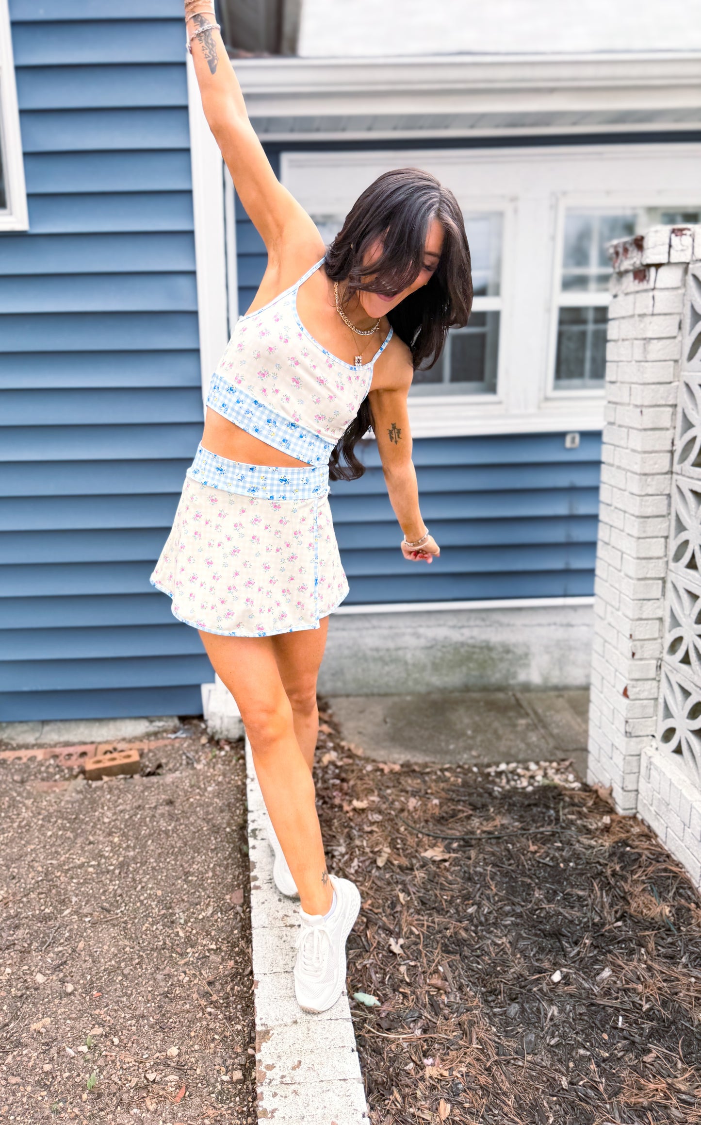 Gingham Floral Print Patchwork Sporty Mini Skort