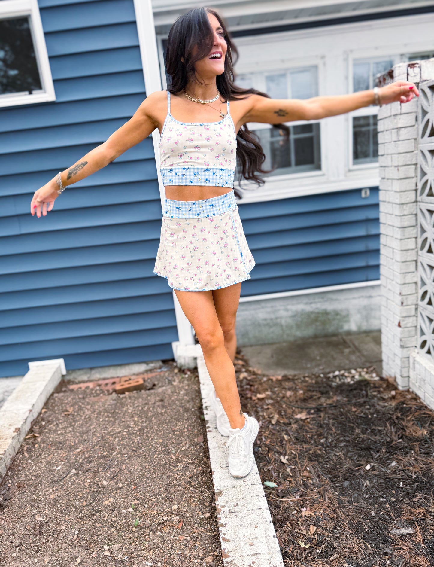 Gingham Floral Print Patchwork Sporty Mini Skort