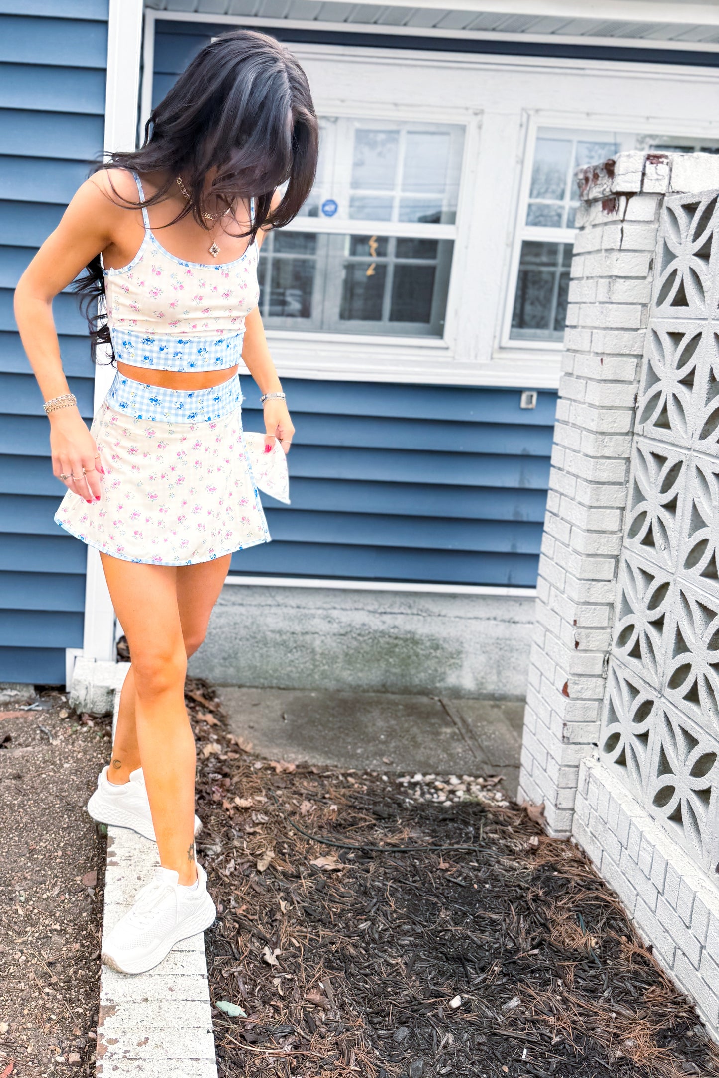 Gingham Floral Print Patchwork Sporty Mini Skort
