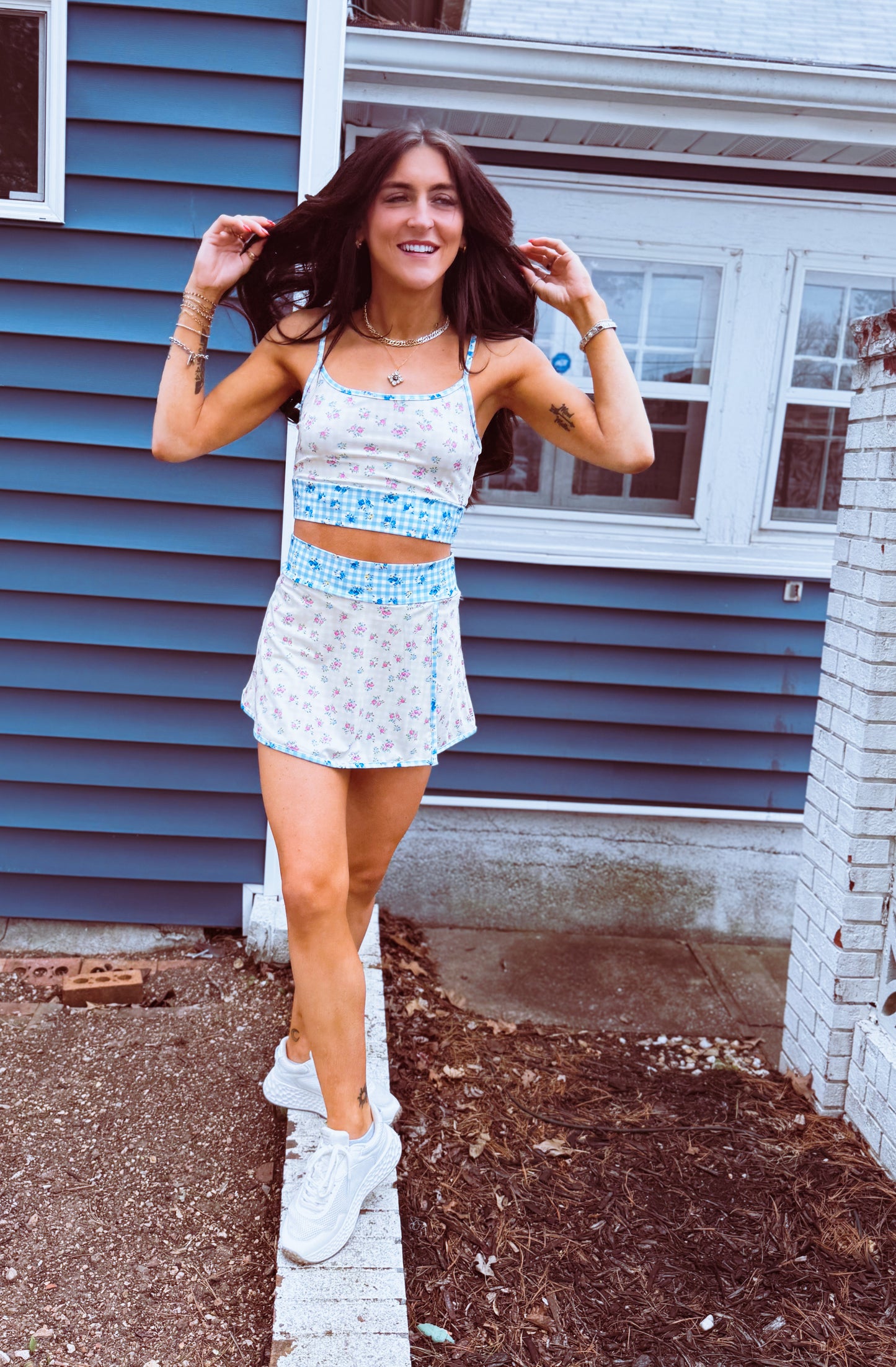 Gingham Floral Print Patchwork Sporty Mini Skort