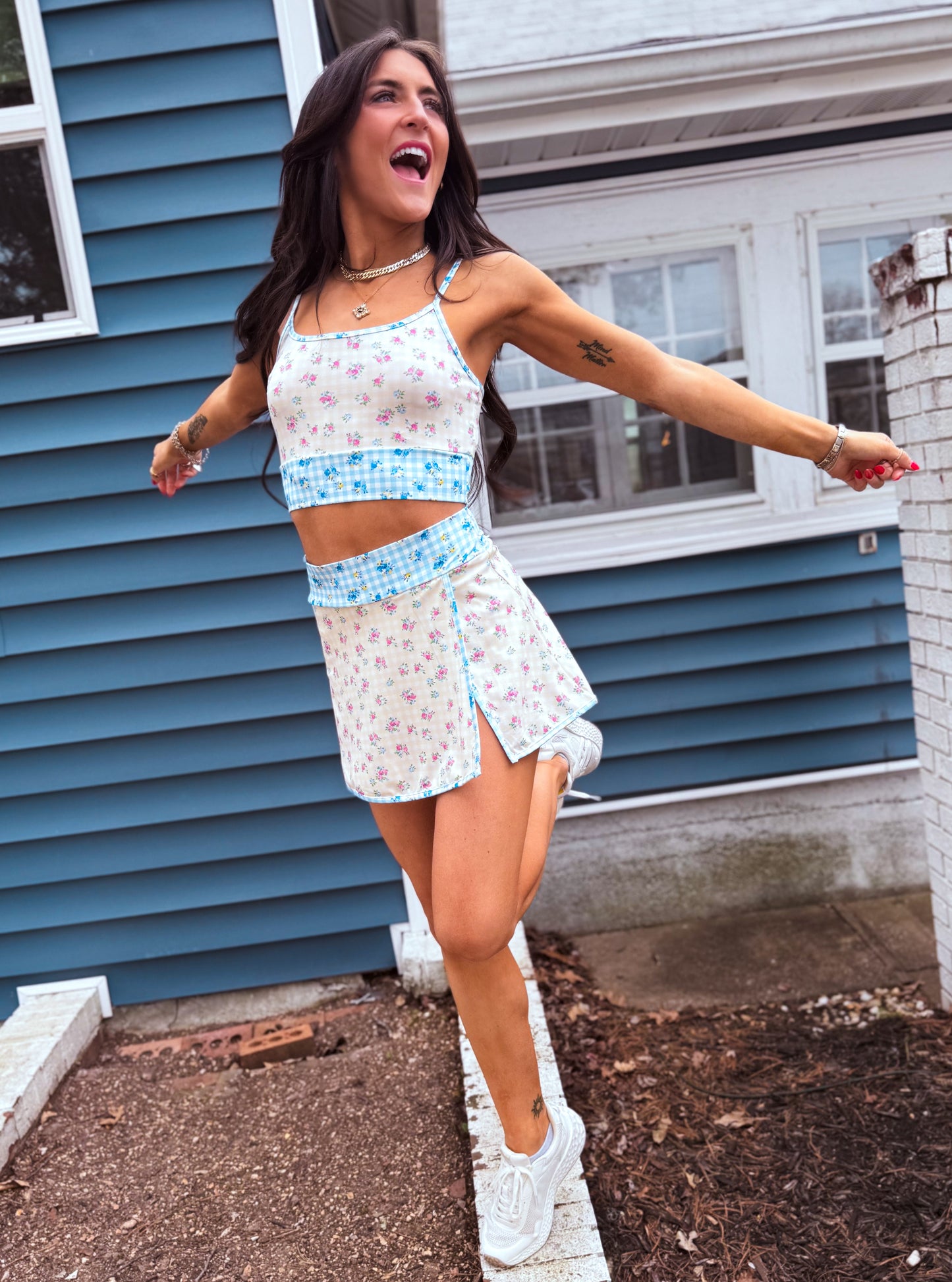 Gingham Floral Print Patchwork Sporty Mini Skort