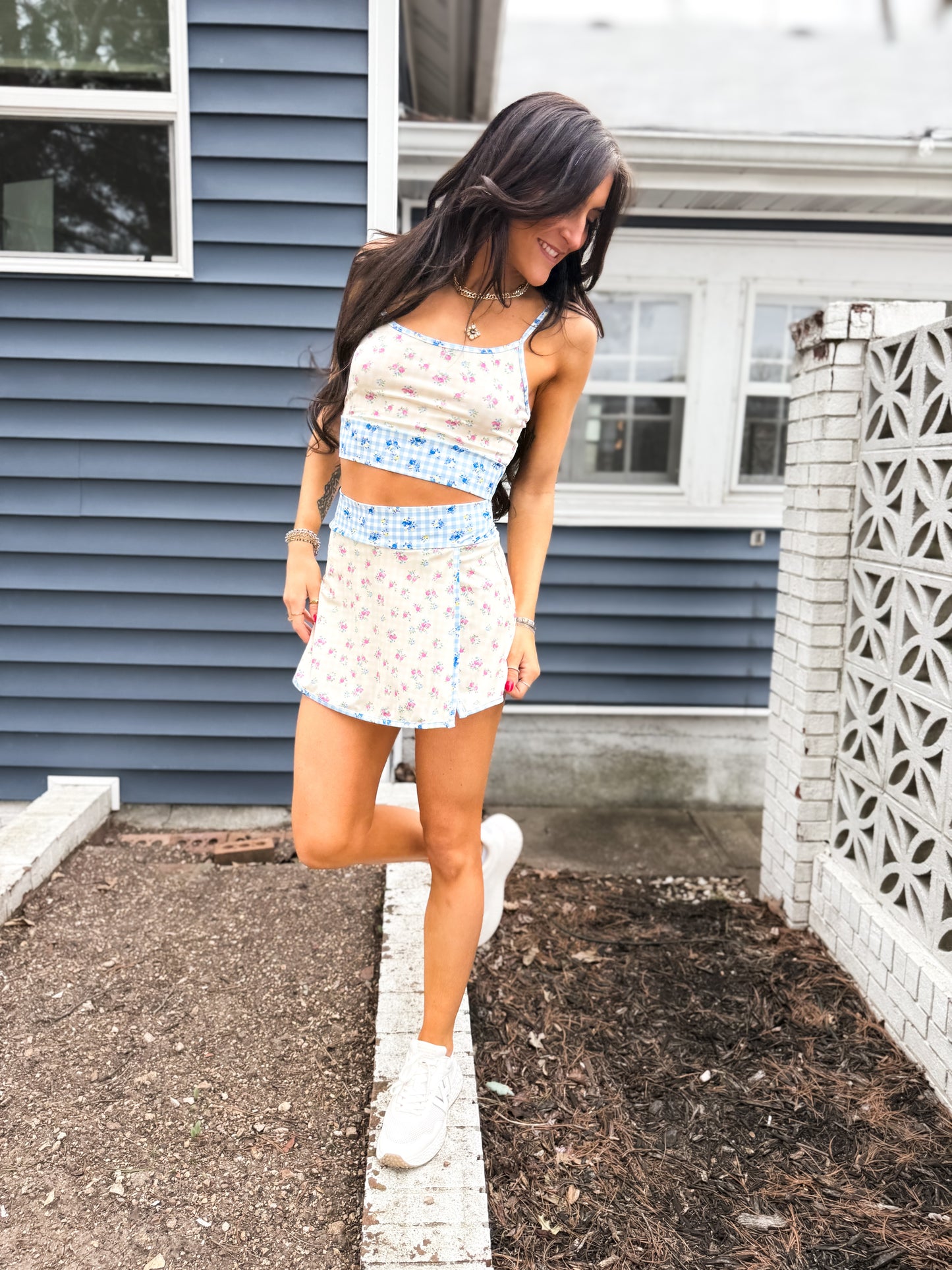 Gingham Floral Print Patchwork Sporty Mini Skort