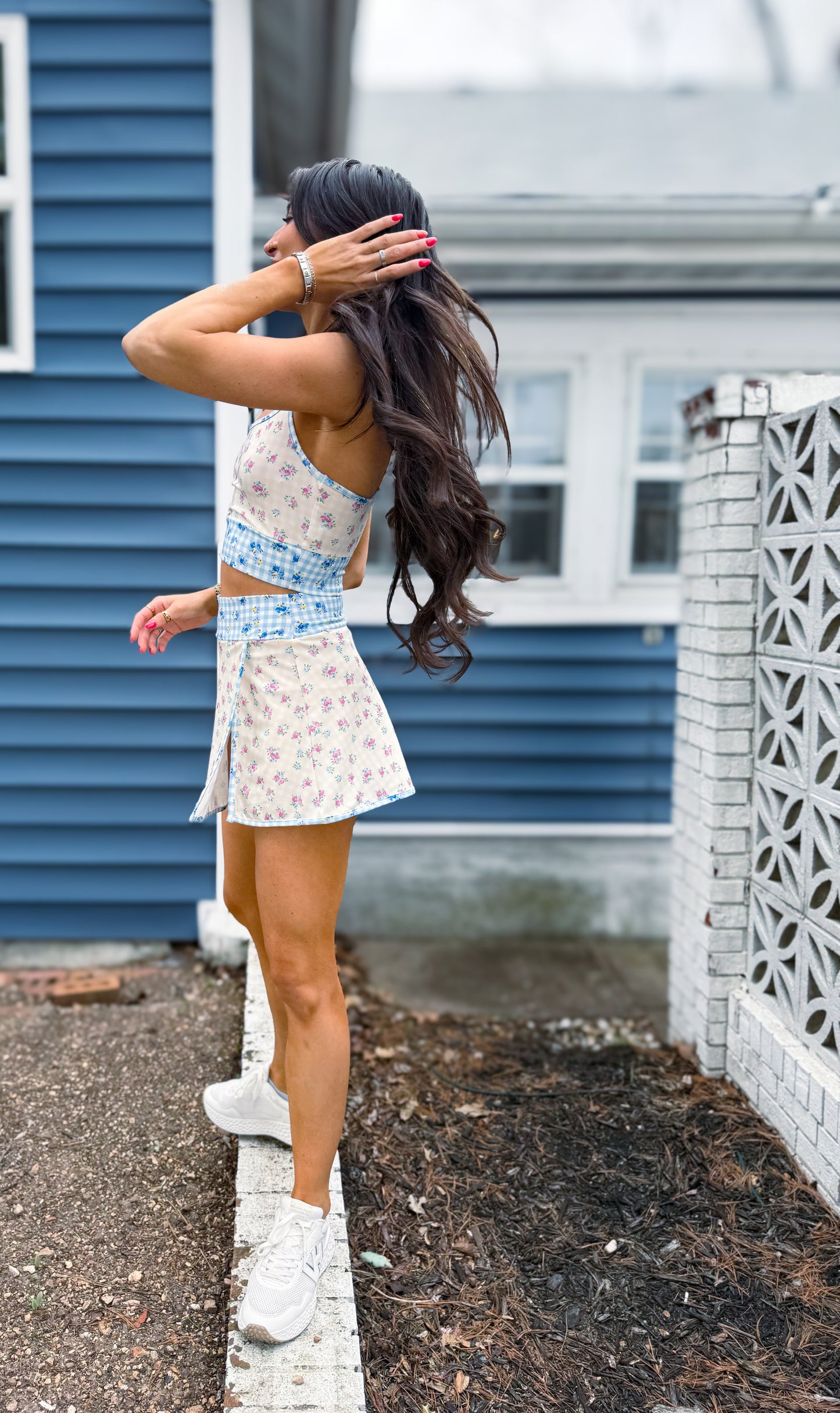 Gingham Floral Print Patchwork Sporty Mini Skort