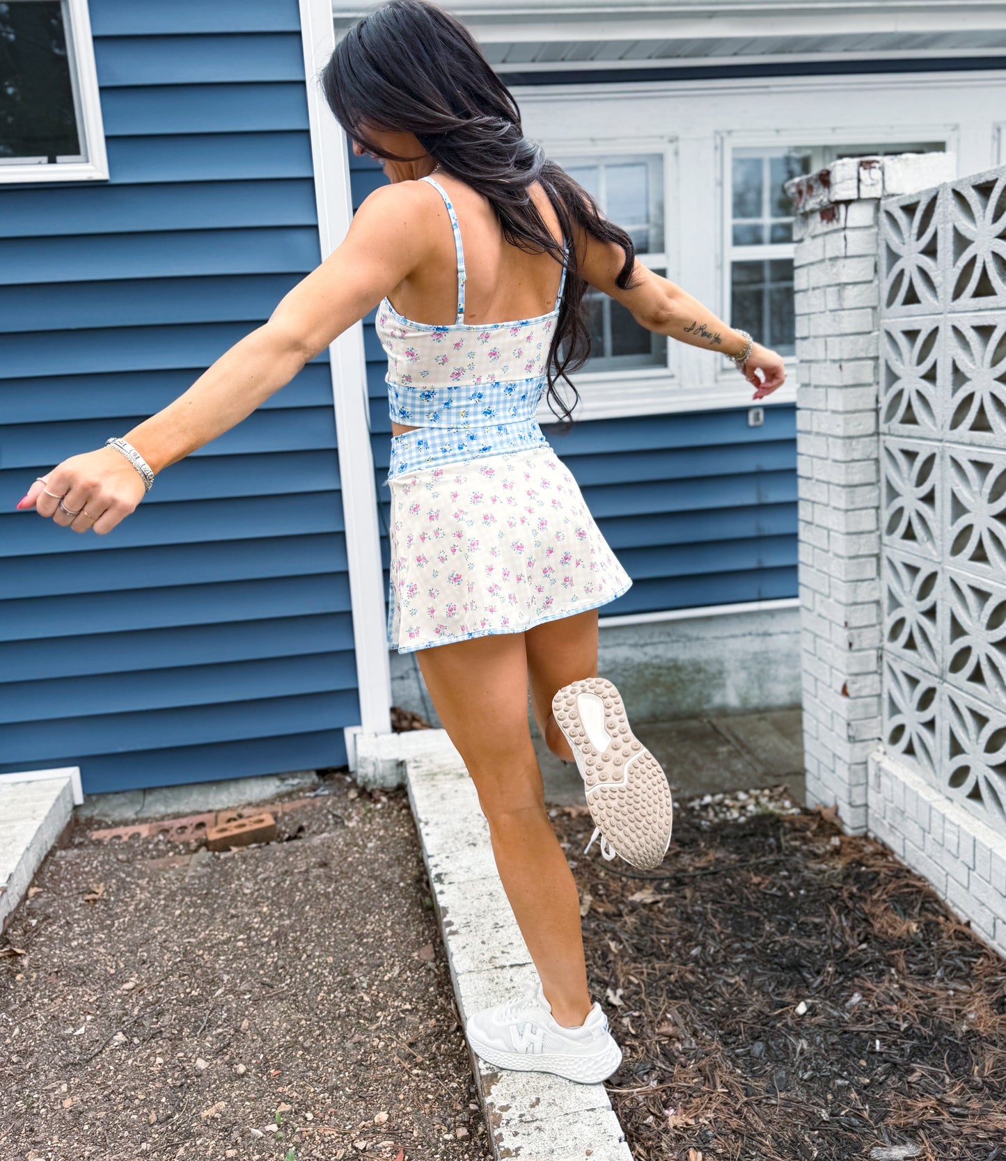 Gingham Floral Print Patchwork Sporty Mini Skort