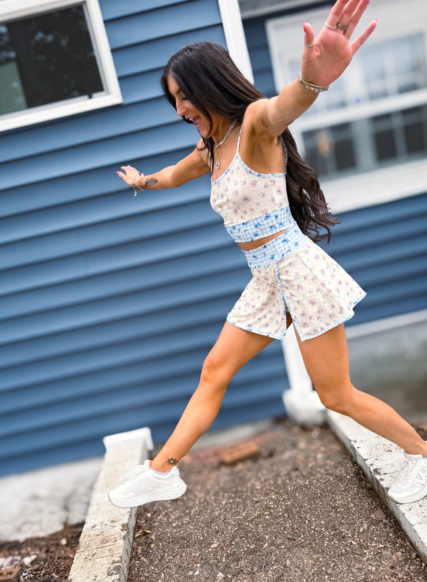 Gingham Floral Print Patchwork Sporty Mini Skort