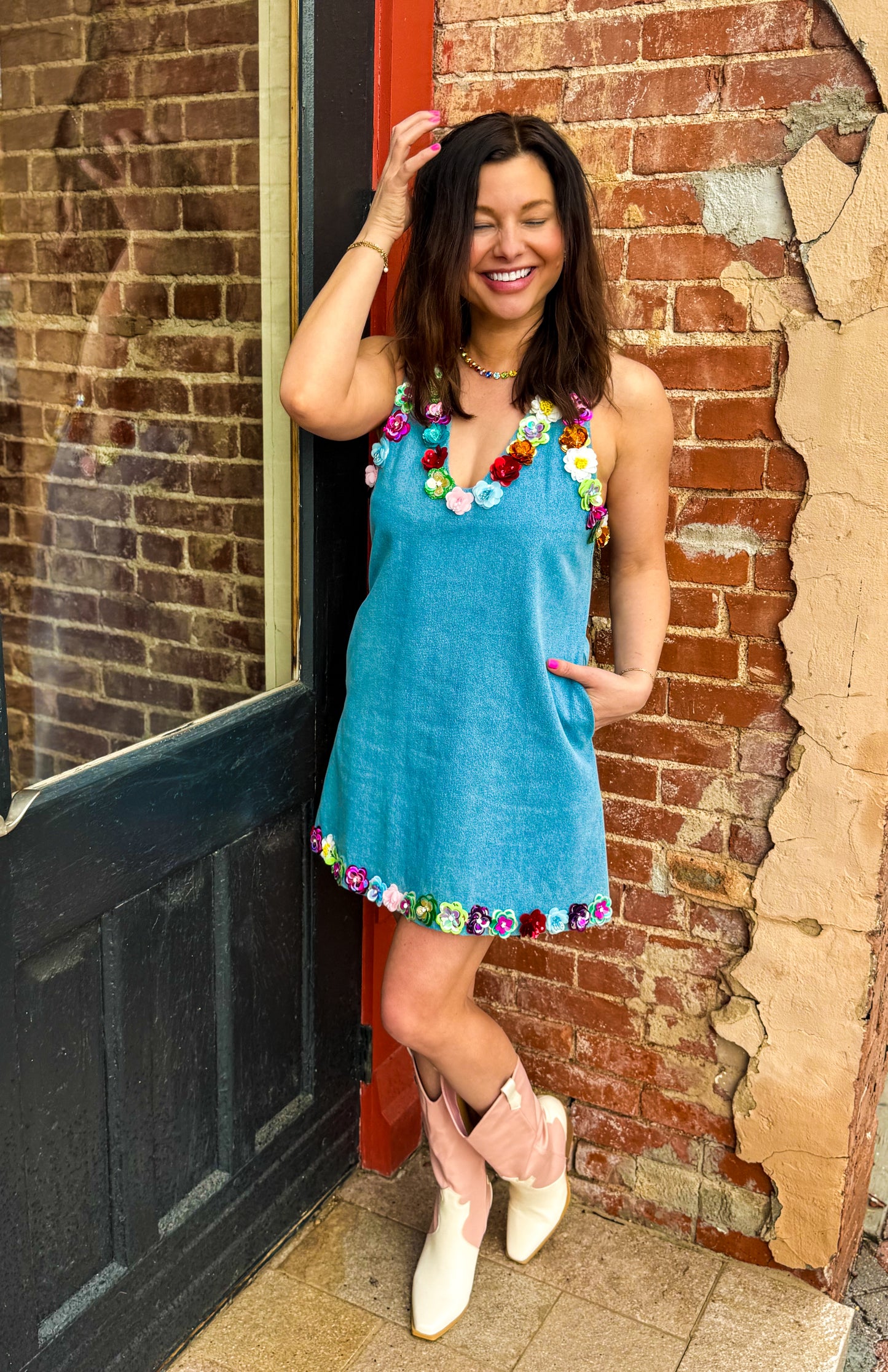 Floral Trim Denim Tank Dress