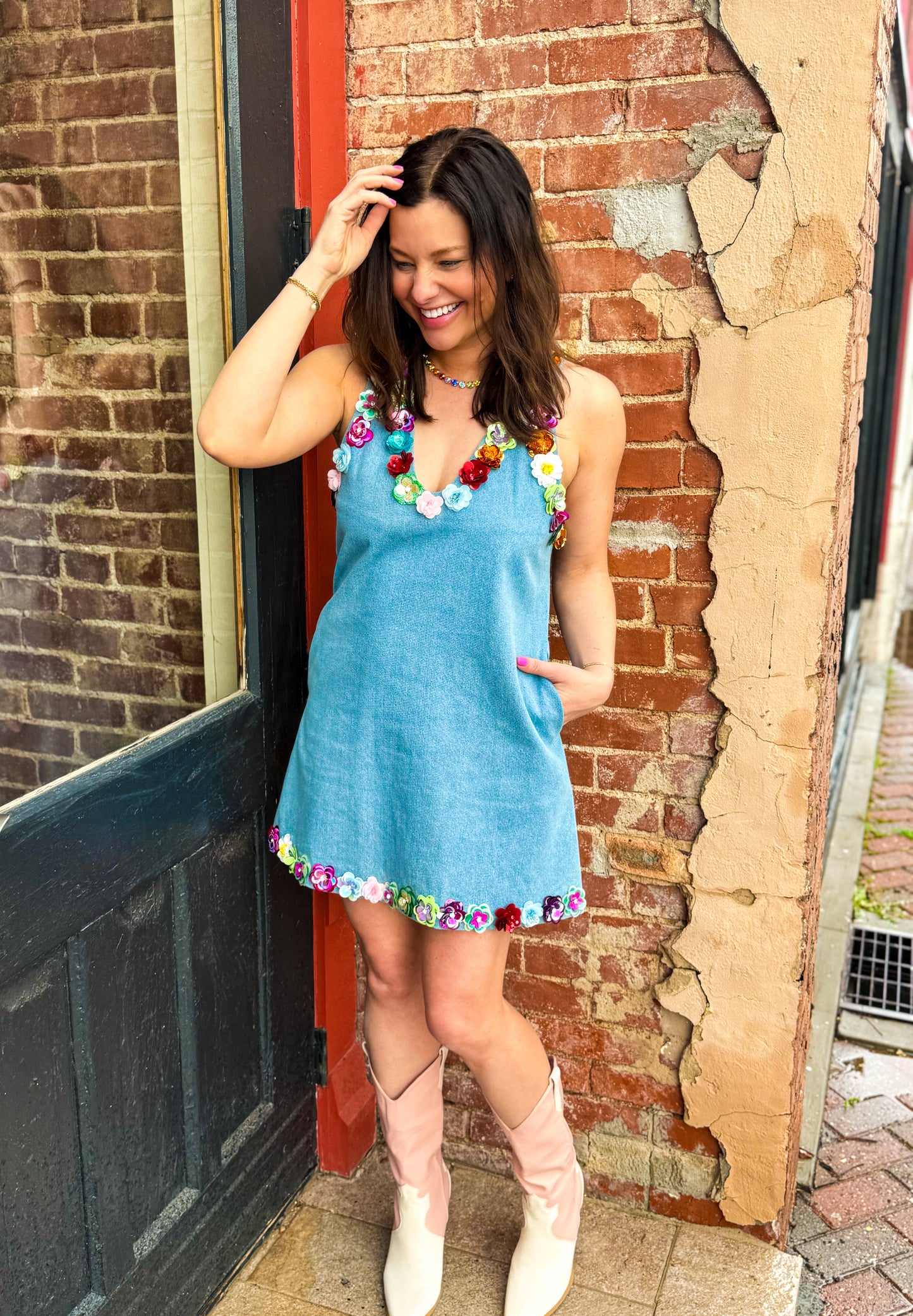 Floral Trim Denim Tank Dress