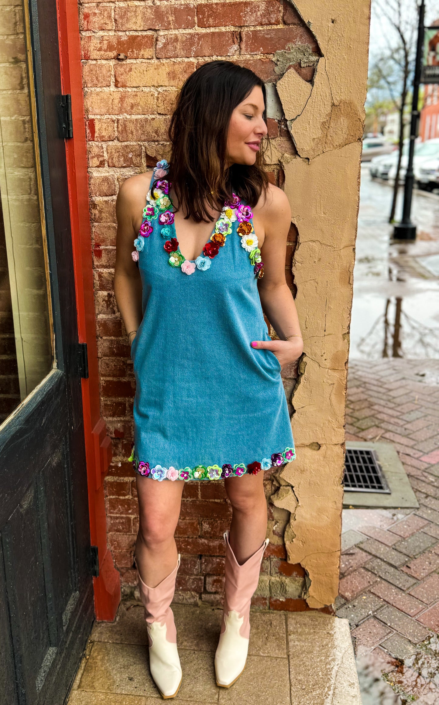 Floral Trim Denim Tank Dress